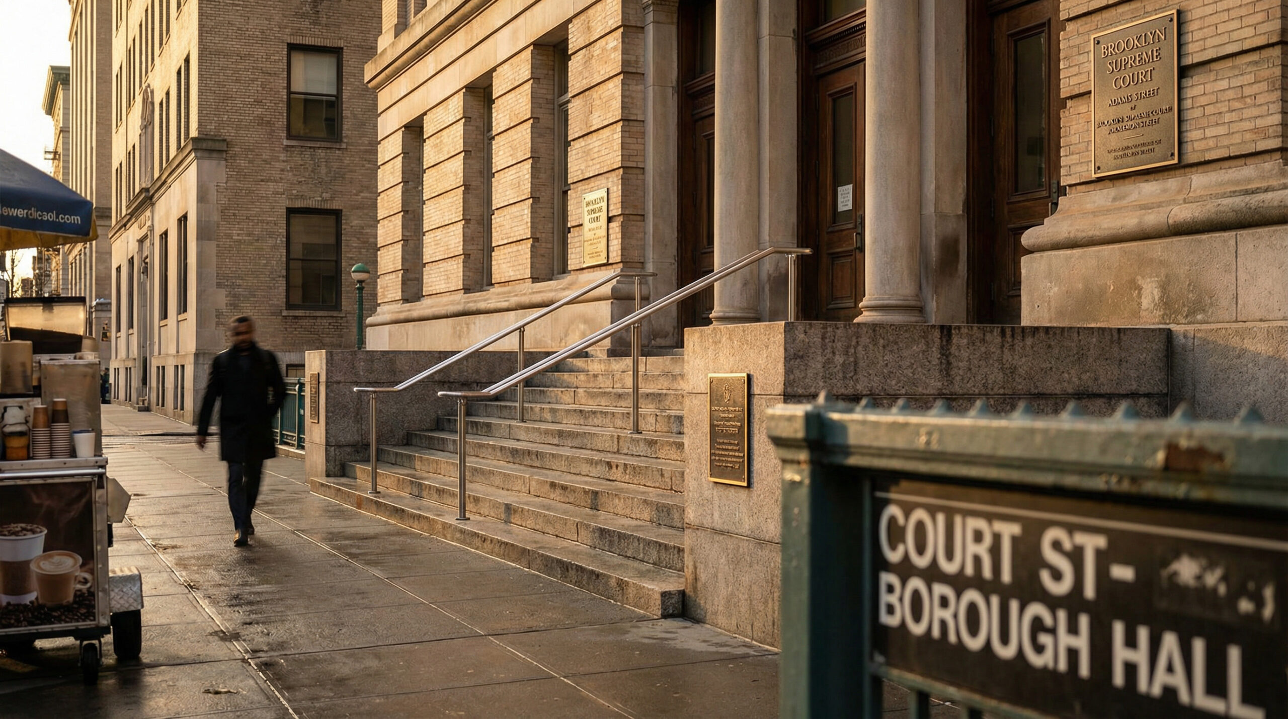 Brooklyn courthouse steps in early morning light near the Court Street–Borough Hall subway entrance and a street coffee cart.