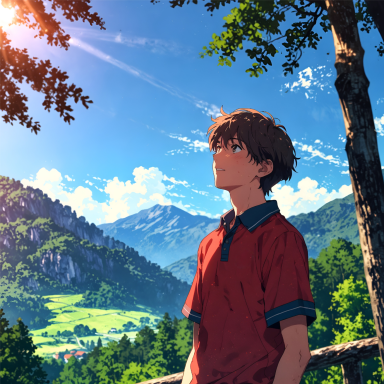 Anime-style young man in a red shirt gazing upward in a peaceful mountain landscape, symbolizing reflection and spiritual inspiration from the life of Carlo Acutis.