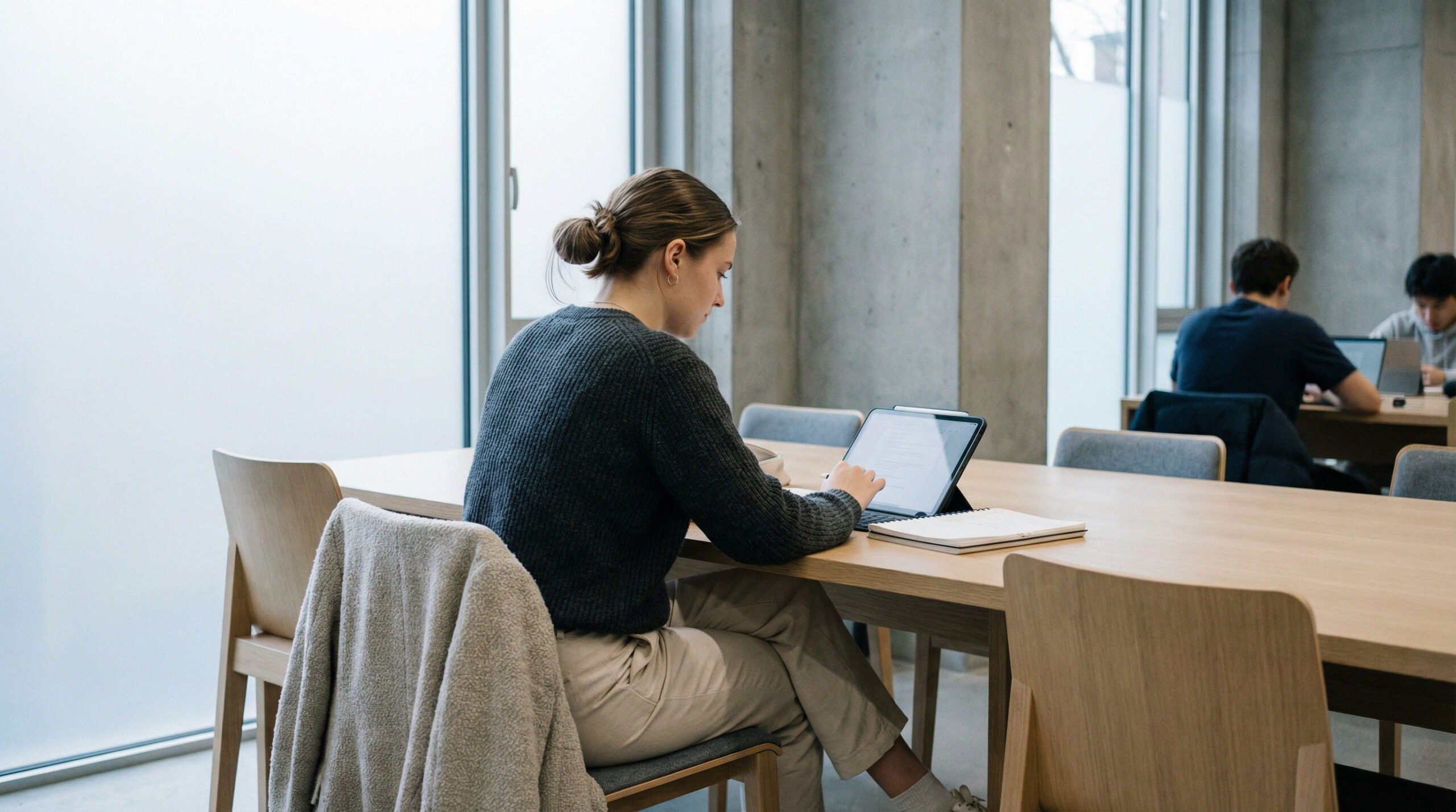 Student studying quietly in a modern library, working on a tablet with notes open, in soft neutral lighting.