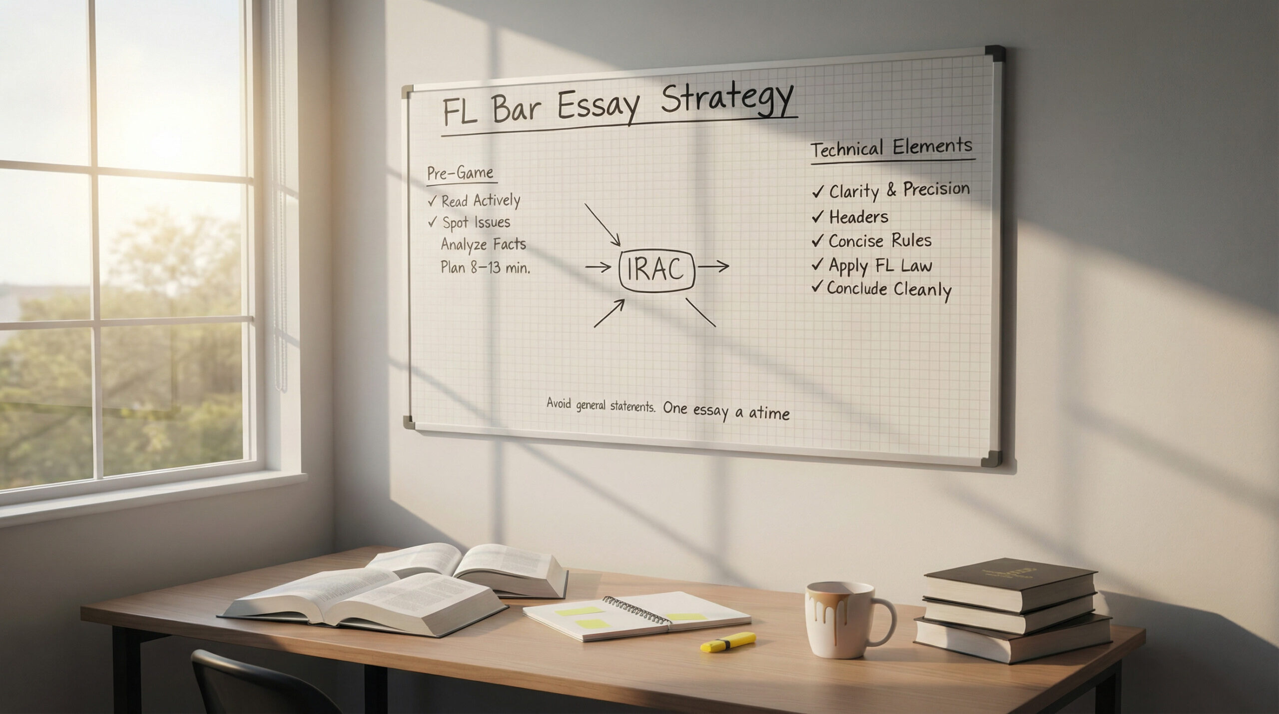 Whiteboard with a Florida Bar essay strategy outline showing IRAC, pre-game planning steps, and technical writing elements in a bright study room with open books on a desk.