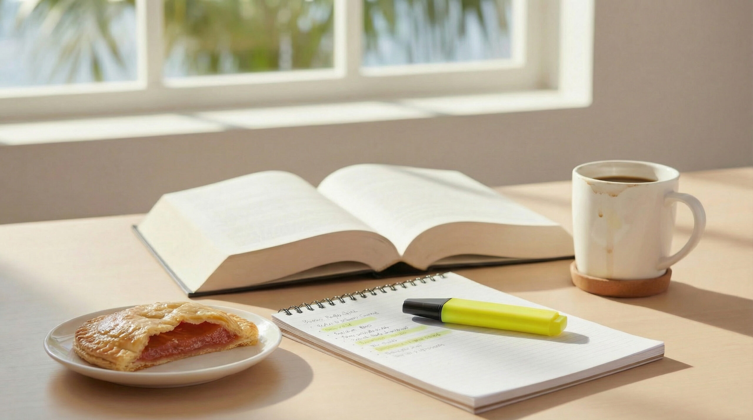A bright Florida study desk with an open bar exam book, highlighted notes, a yellow highlighter, a pastelito on a plate, and a coffee mug with light drip marks, set in front of a sunny window with palm trees outside.