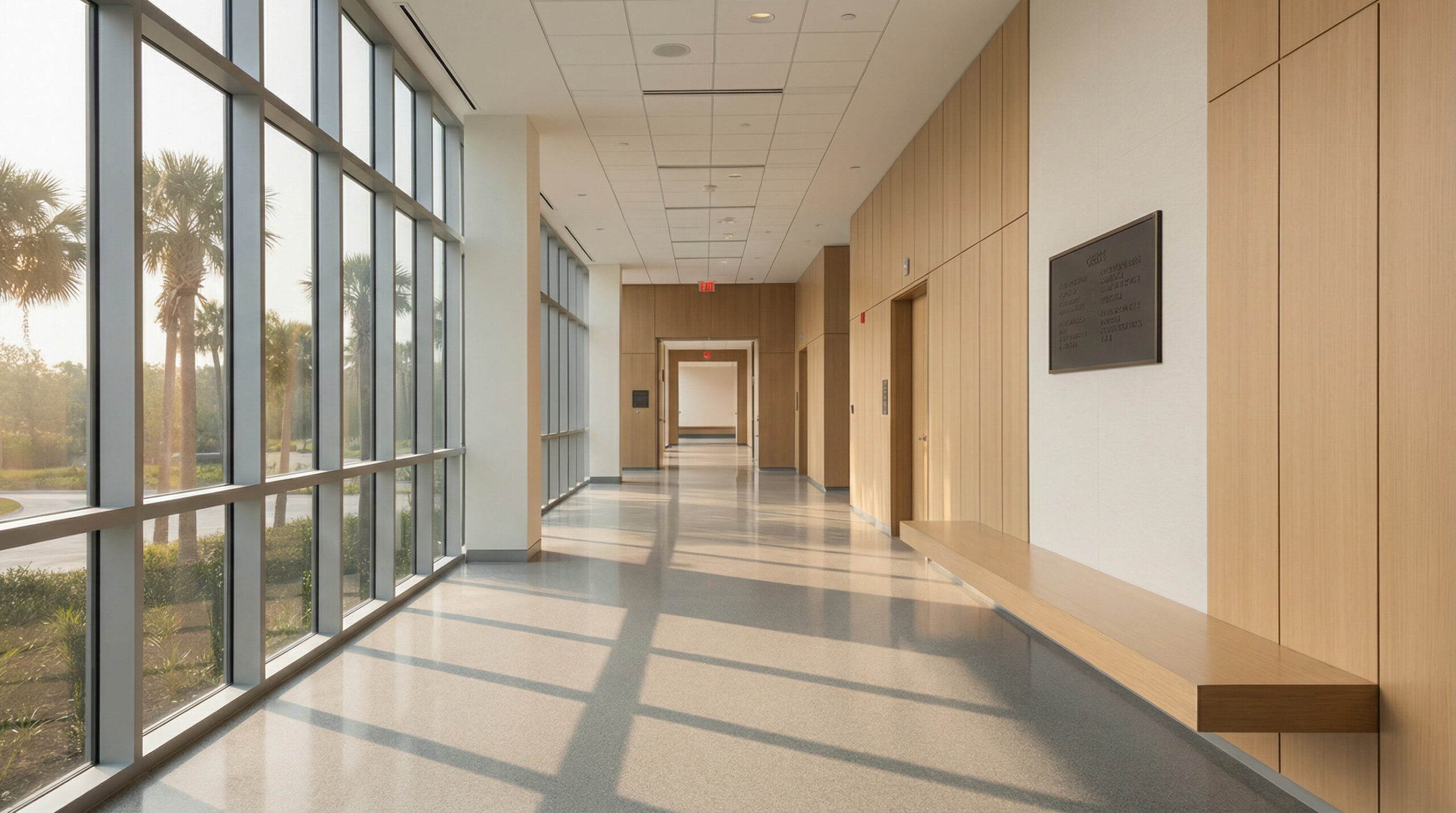 Modern Florida courthouse hallway with large windows, palm trees outside, and warm morning light — clean, minimalist legal setting.