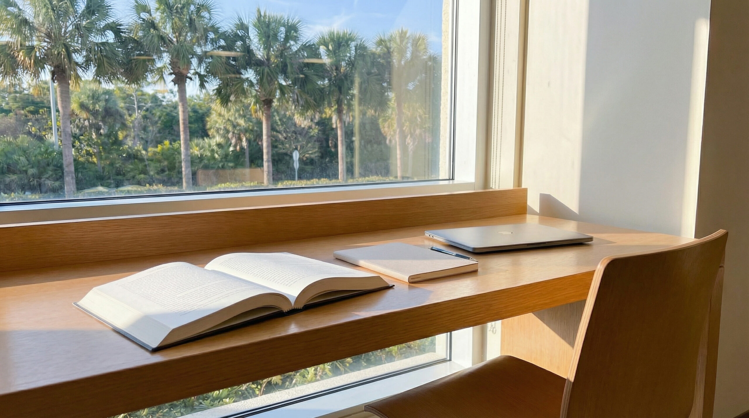 A neatly arranged study desk with an open book, closed notebook, and laptop placed beside a large window overlooking Florida palm trees in soft daylight.