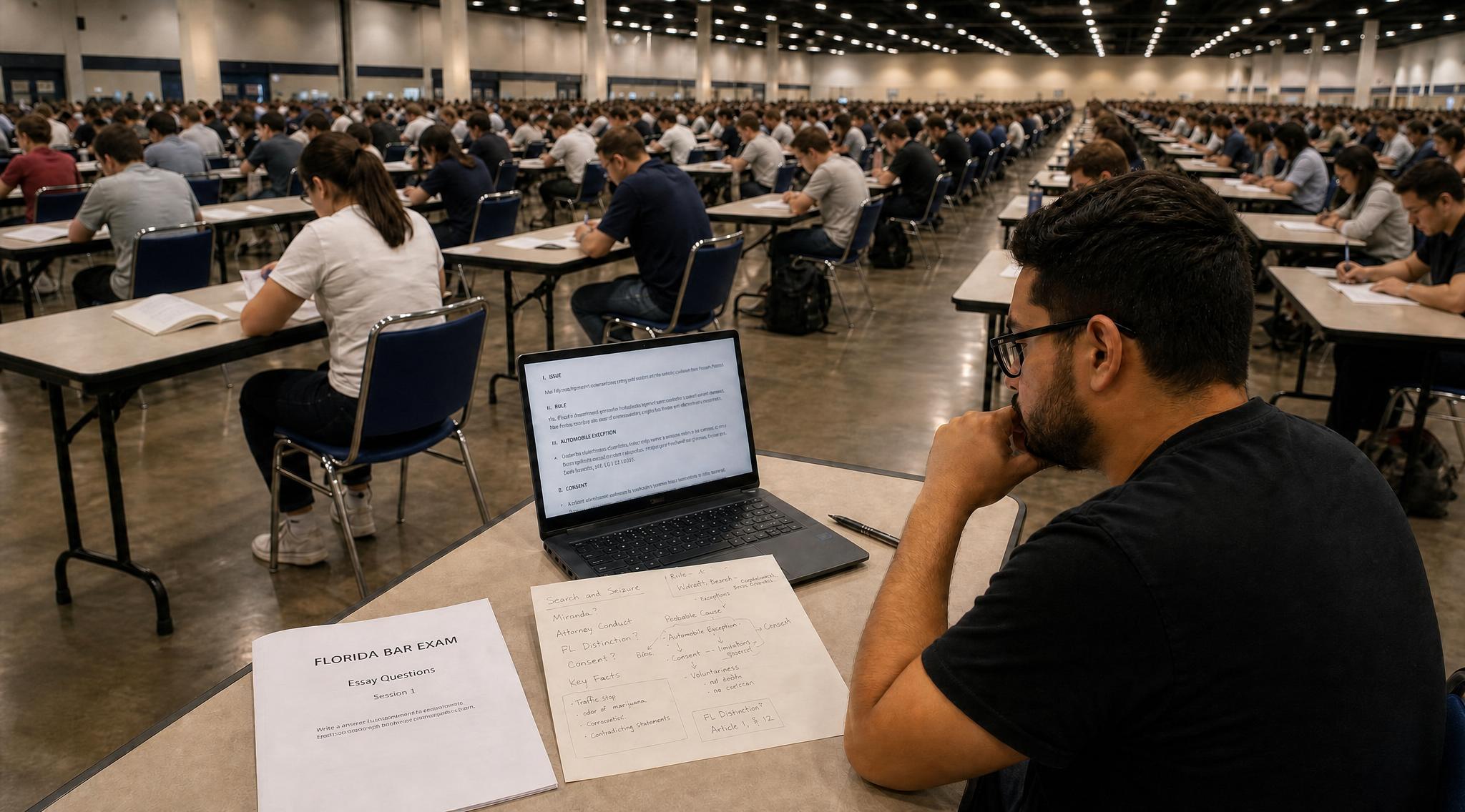 Florida Bar Exam applicant reviewing an essay question, creating a roadmap outline, and drafting a response on a laptop during a timed examination.