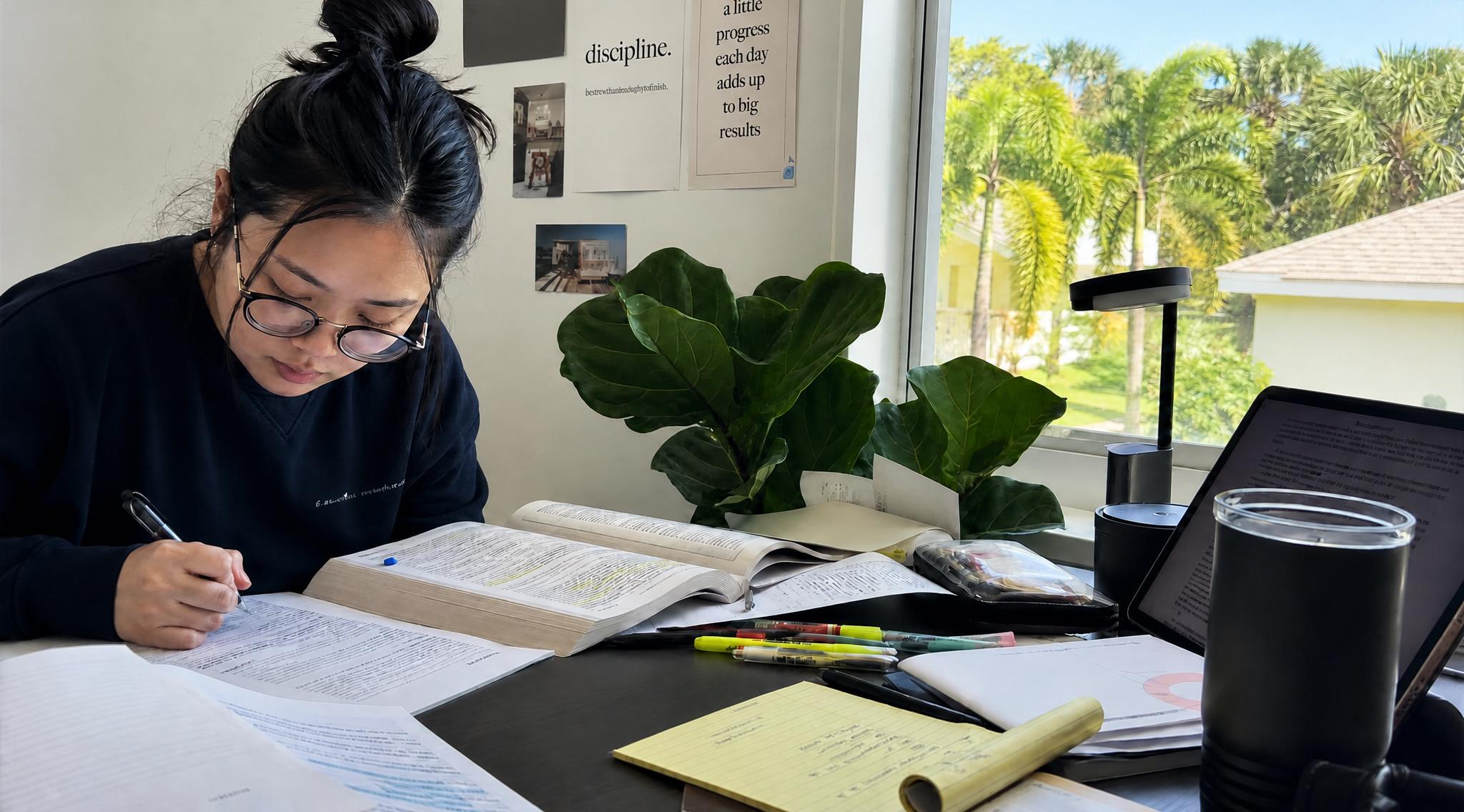 Student studying for the Florida Bar Exam at a desk with books, notes, and a study plan beside a window.
