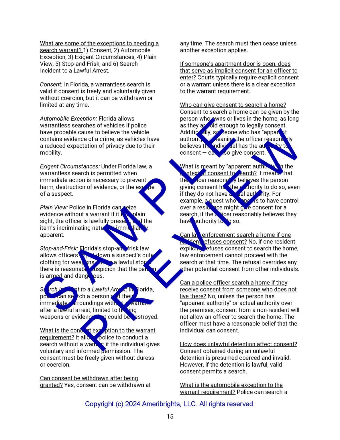 Sample preview of a page of the Ameribrights Criminal Law and Constitutional Criminal Procedure Guide. It is written in brief Q&A format for easy memory retention.