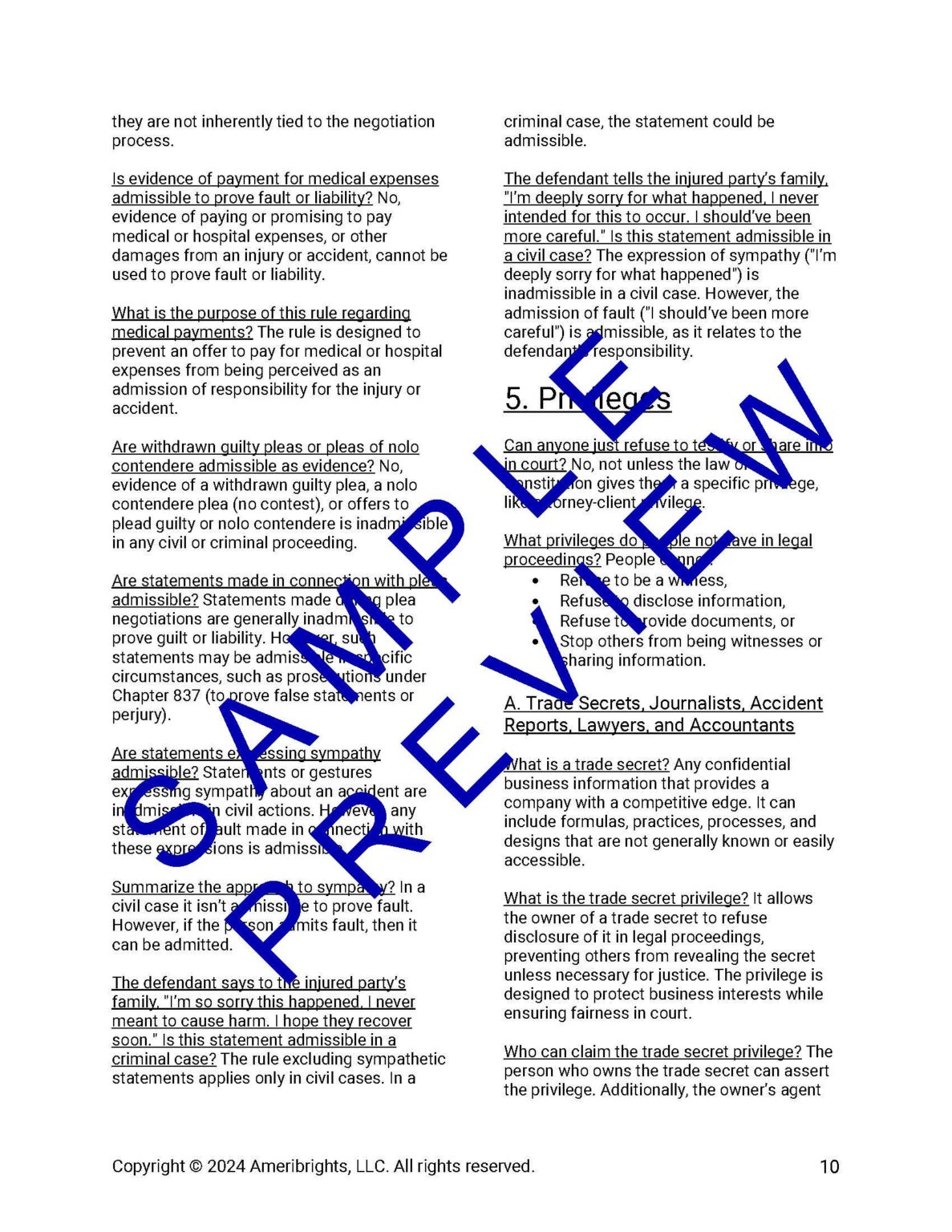 A sample preview of the Ameribrights FL Evidence Guide. It's written in clear Q&A form which is designed to aid with retention of the material