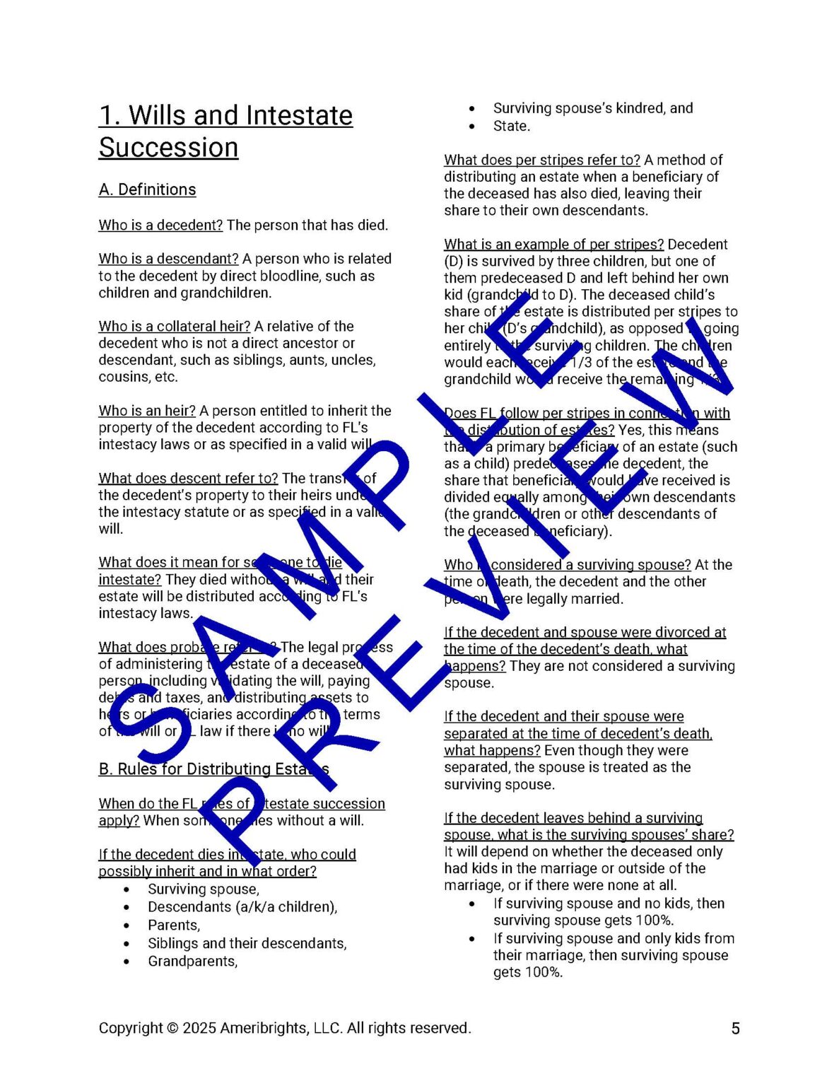 Sample Preview of Ameribrights Trusts and Wills Guide. The guide is written in short Q&A form and designed for easy retention.
