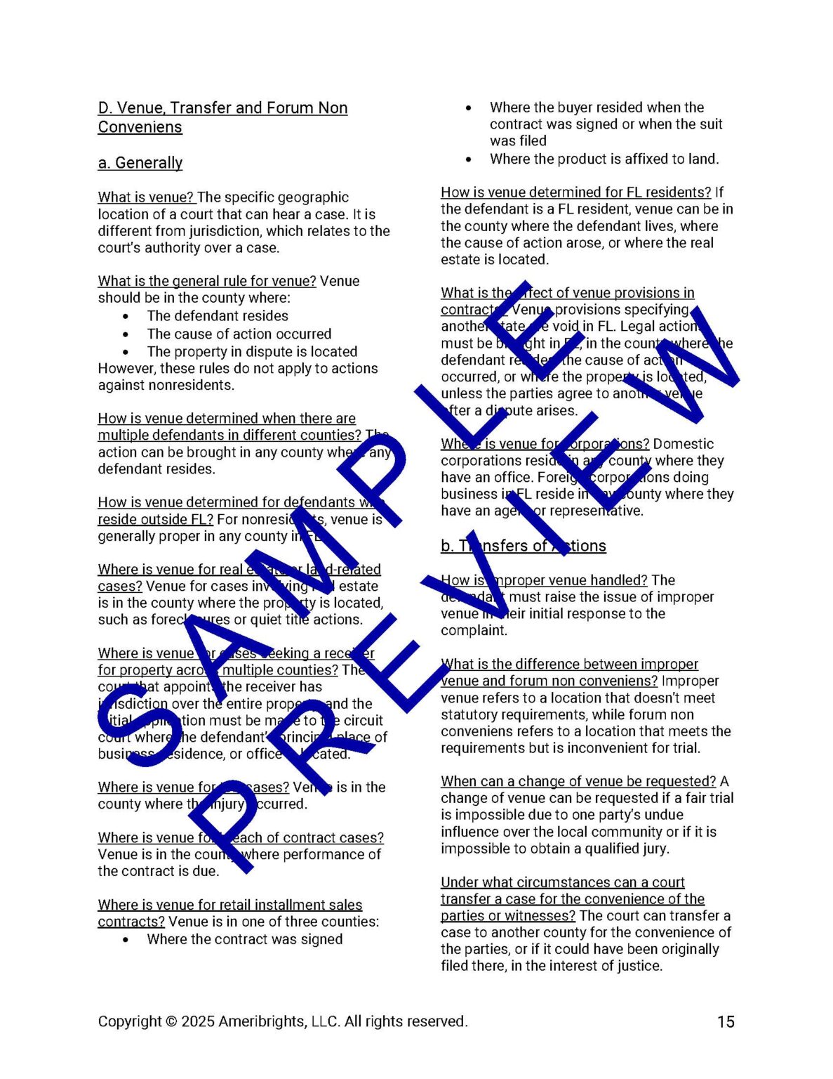 A sample preview of the Ameribrights Civil Procedure Guide. It's written in short Q&A form.