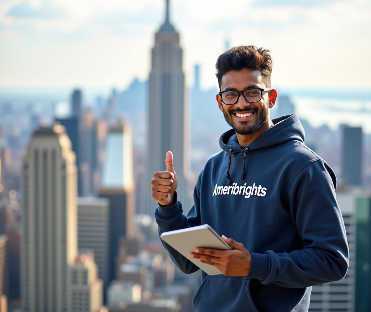 Smiling student in an Ameribrights hoodie holding a tablet and giving a thumbs up on a NYC rooftop, with the Empire State Building in the background.