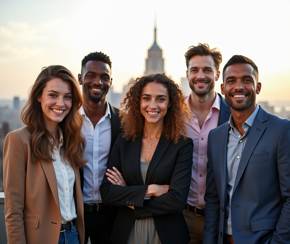 Diverse group of young professionals smiling on a rooftop in New York City, representing future lawyers and Ameribrights bar exam prep students.