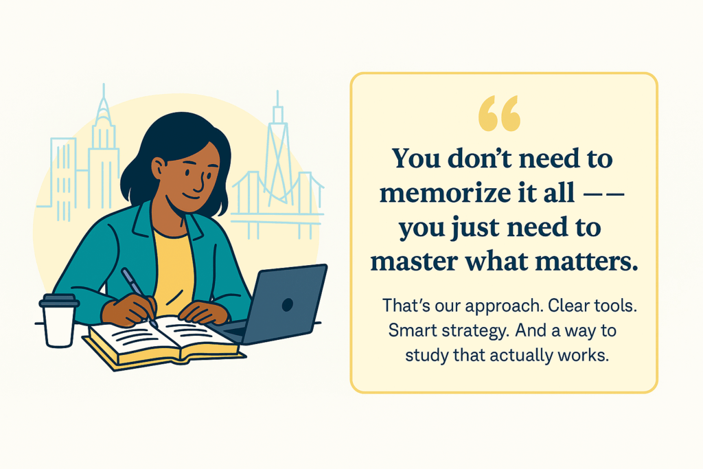 Illustration of a woman studying at a desk with a laptop and bar prep book, next to a motivational quote about mastering what matters, with a stylized NYC skyline in the background.