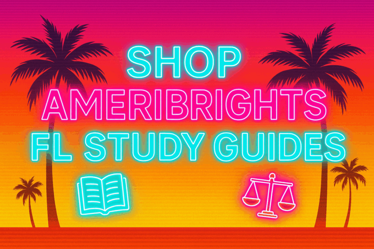 Neon retro-style banner with palm trees, a pink and orange Miami sunset background, and glowing text that reads “Shop Ameribrights FL Study Guides,” with neon icons of a book and justice scales.
