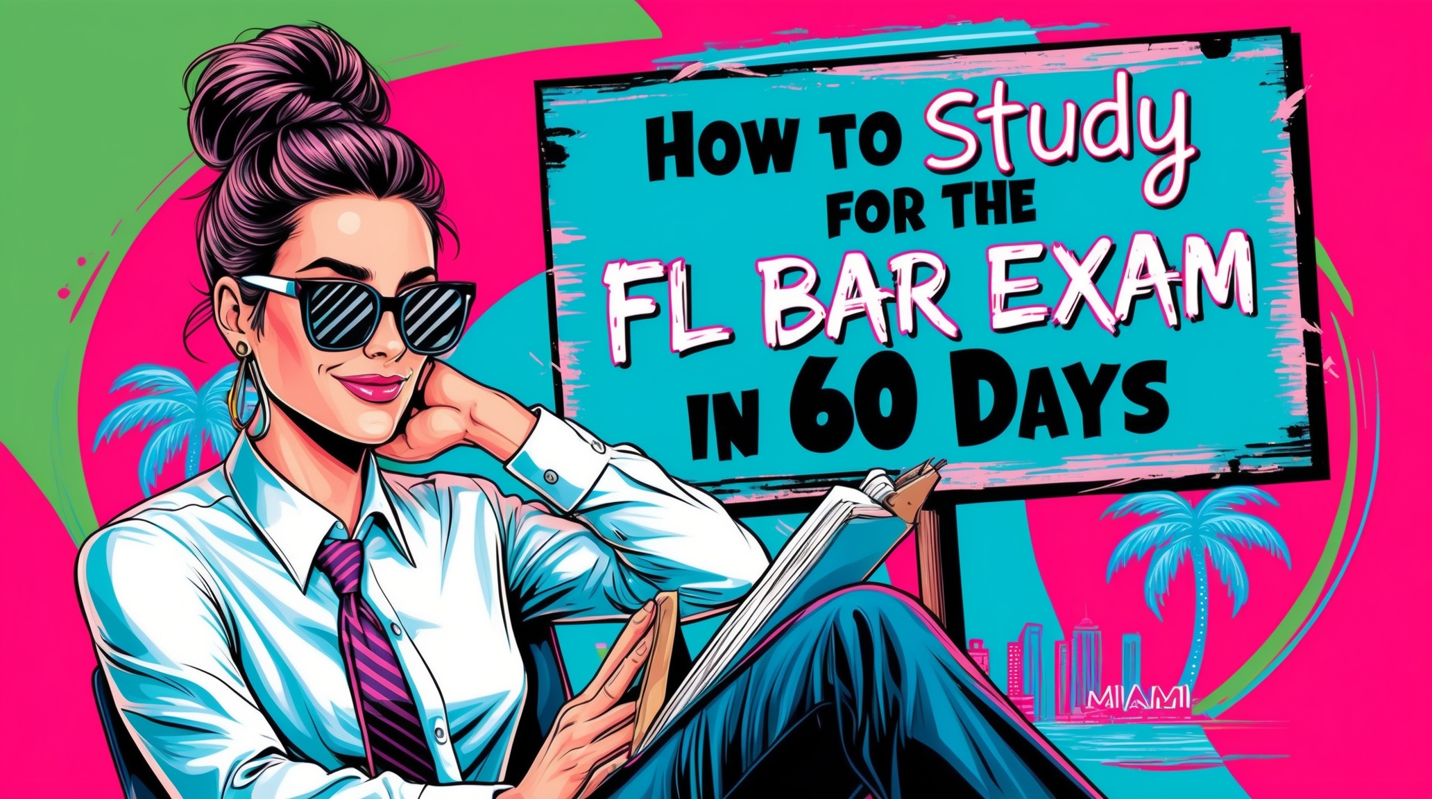 Cartoon-style image of a confident woman in sunglasses and a white shirt with a tie, sitting casually in a chair under a vibrant Miami-themed billboard that reads "How to Study for the FL Bar Exam in 60 Days," with palm trees, a city skyline, and a tropical neon color palette in the background.