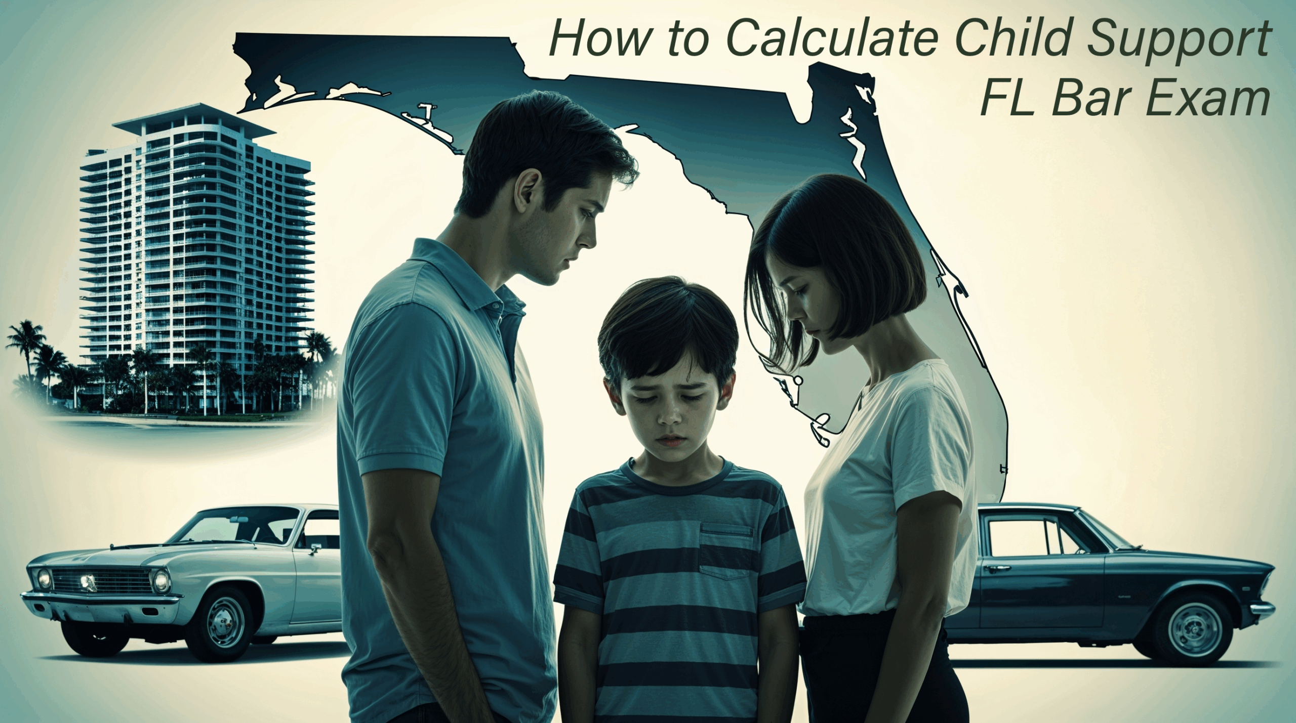 A somber couple and child stand in front of a Florida map, with luxury assets like a condo and cars in the background, symbolizing child support and custody disputes. Text reads “How to Calculate Child Support FL Bar Exam.”