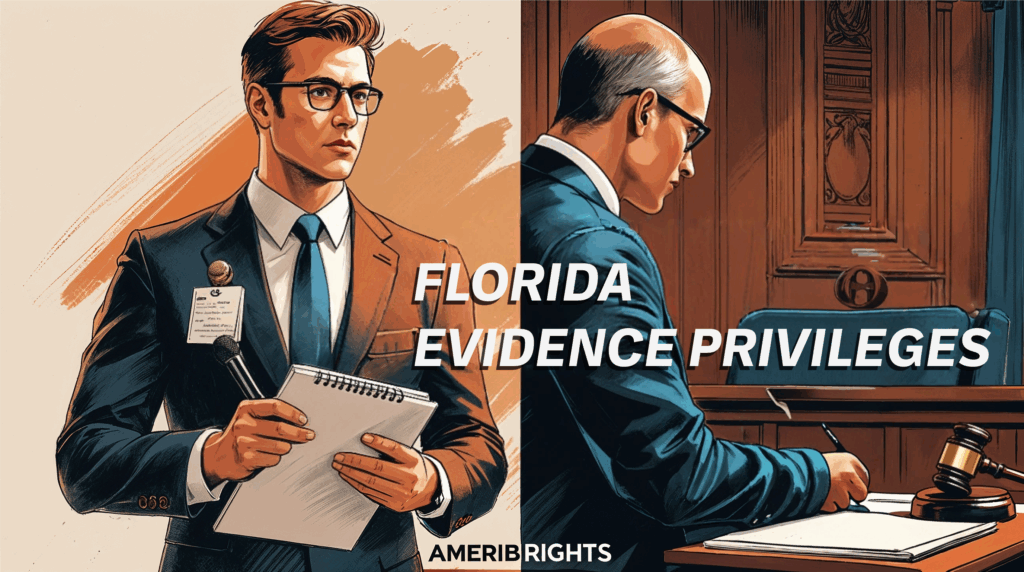 Split image of a journalist with a notepad and a judge in court, representing Florida’s evidence privilege rules and courtroom disclosure limits.
