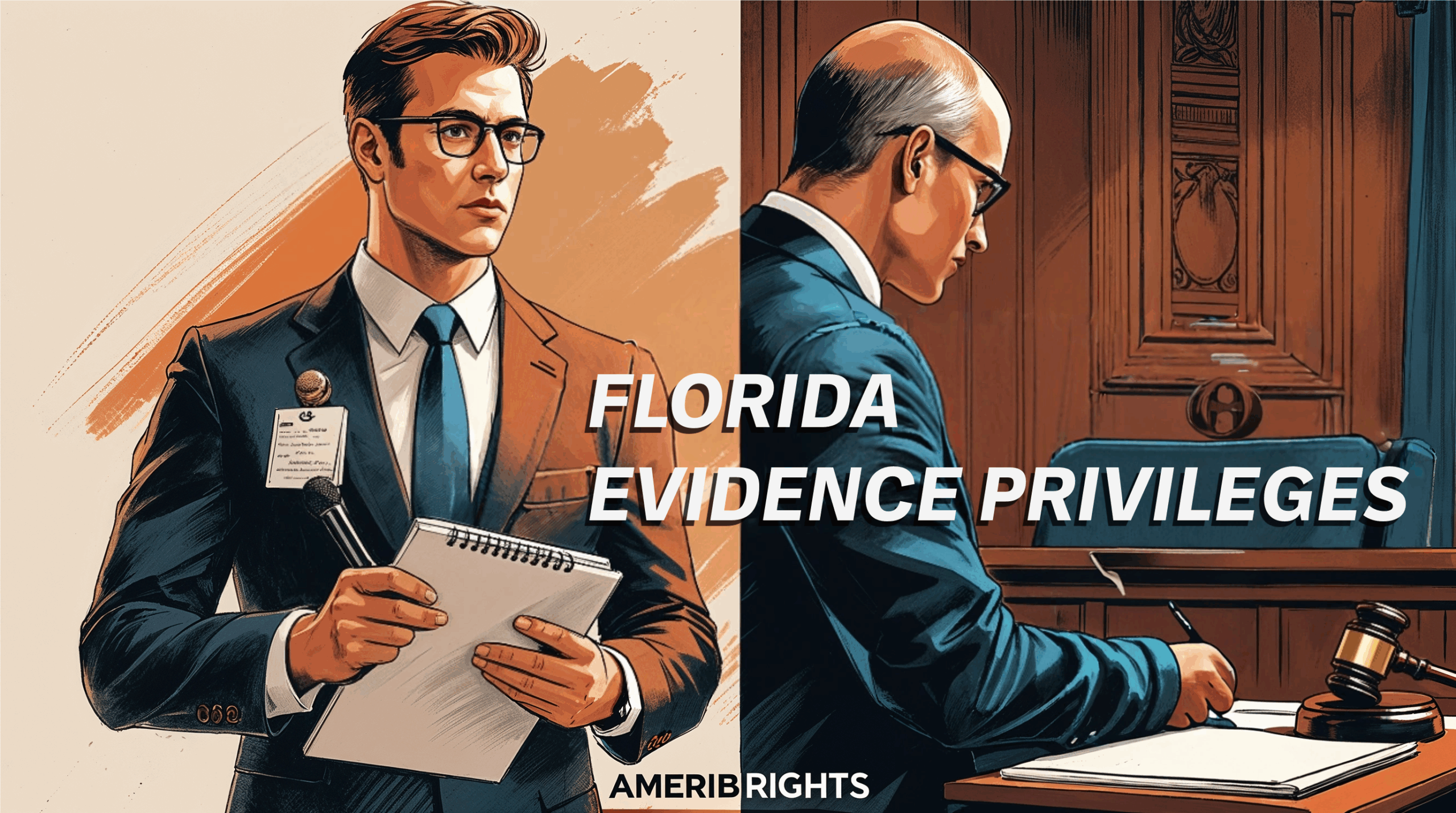 Split image of a journalist with a notepad and a judge in court, representing Florida’s evidence privilege rules and courtroom disclosure limits.