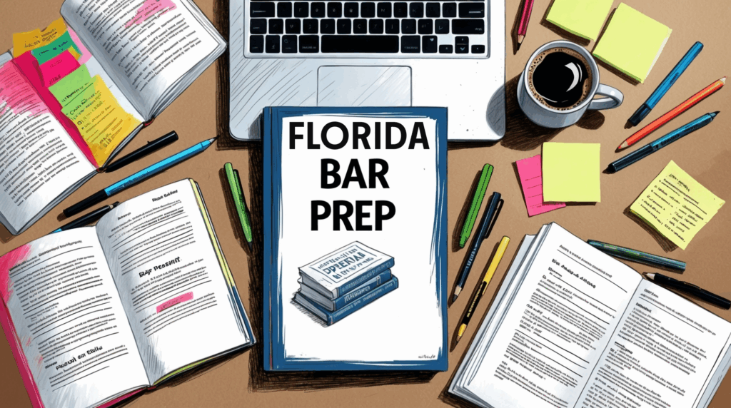 Study desk setup with Florida Bar Exam prep materials, including a laptop, coffee, open law books with notes and highlights, and a central book labeled “Florida Bar Prep.” Visual representation of studying for the Florida Bar Exam using free and low-cost tools.