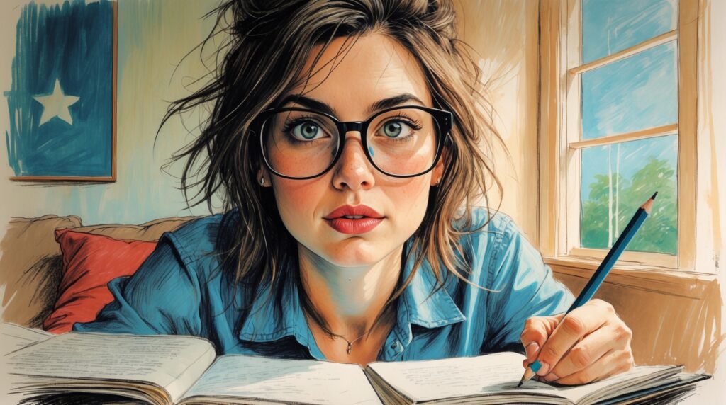 Illustration of a young woman with tousled hair and large glasses, sitting in a sunlit room with open law books in front of her. She holds a pencil and looks directly at the viewer with intense focus. A Texas flag is on the wall behind her, and a window reveals a bright blue sky and green trees outside.