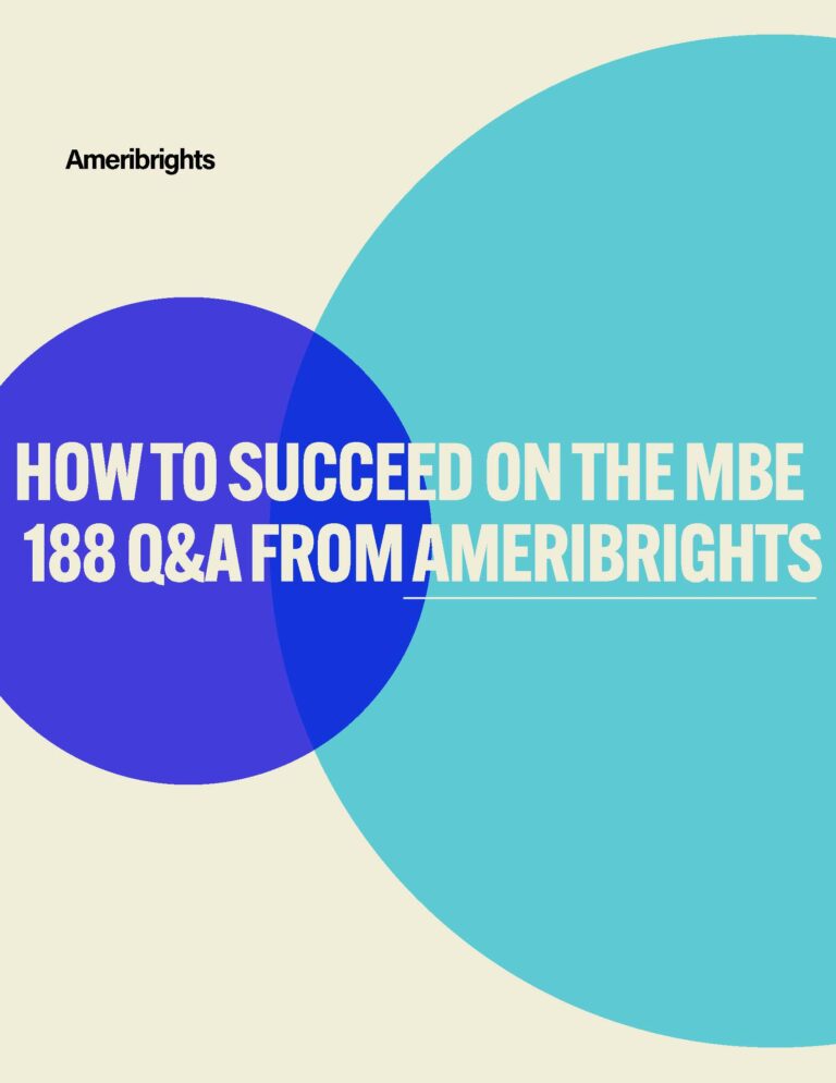 Colorful book cover for "How to Succeed on the MBE – 188 Q&As from Ameribrights," a free study guide featuring rule-based bar exam questions and answers across all MBE subjects.