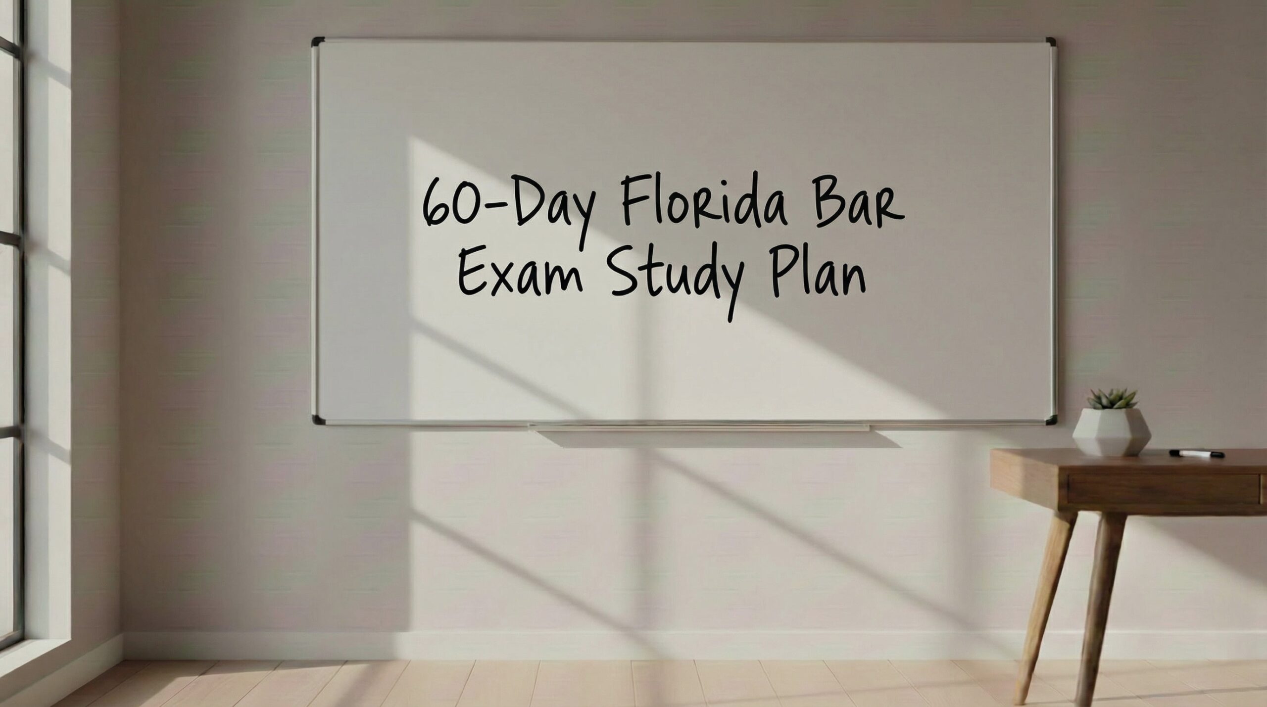 Sunlit study room with a blank whiteboard displaying the text ‘60-Day Florida Bar Exam Study Plan,’ with soft shadows, a wooden desk, and warm natural lighting.