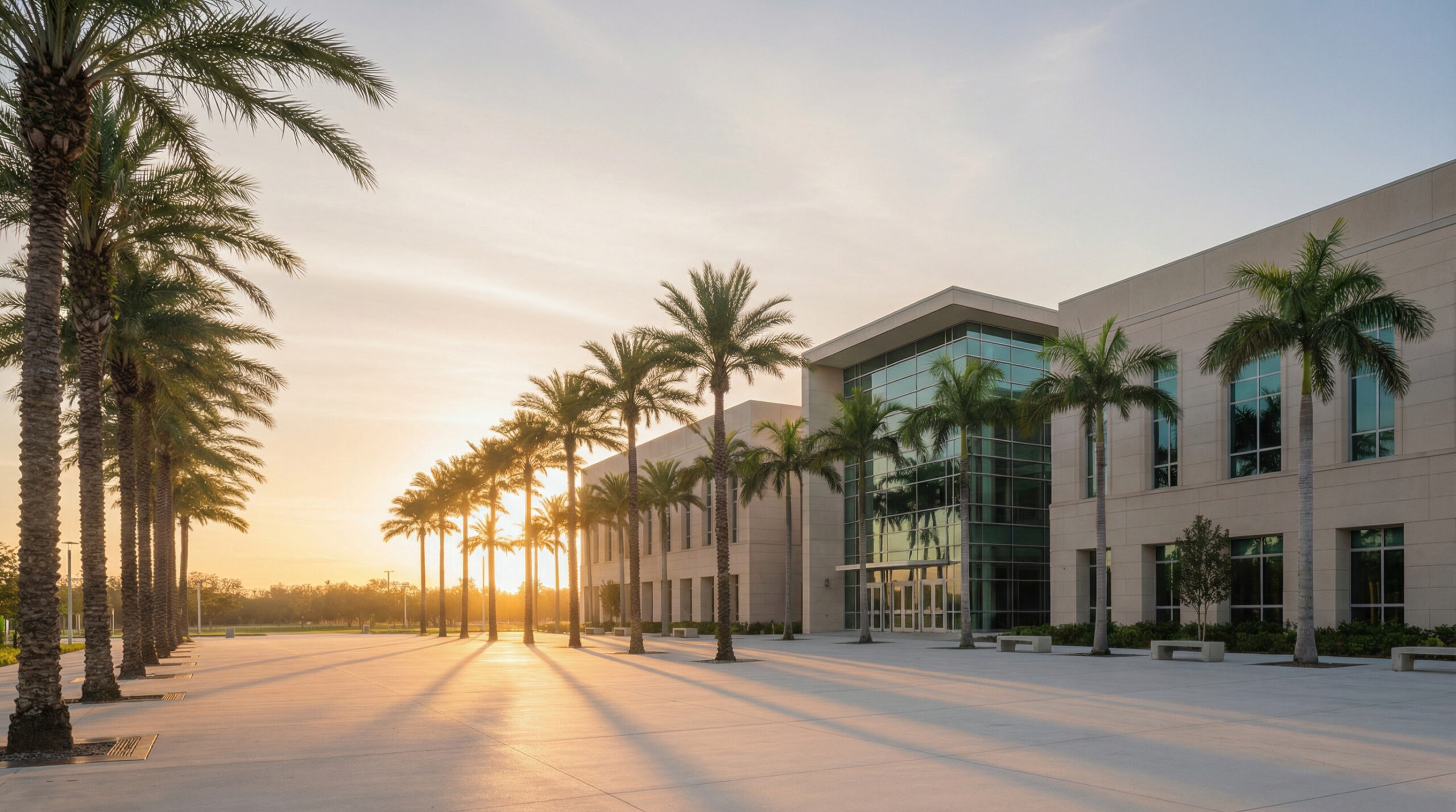 Florida courthouse exterior at sunrise with palm trees, representing family law and child support calculations for the Florida Bar Exam.