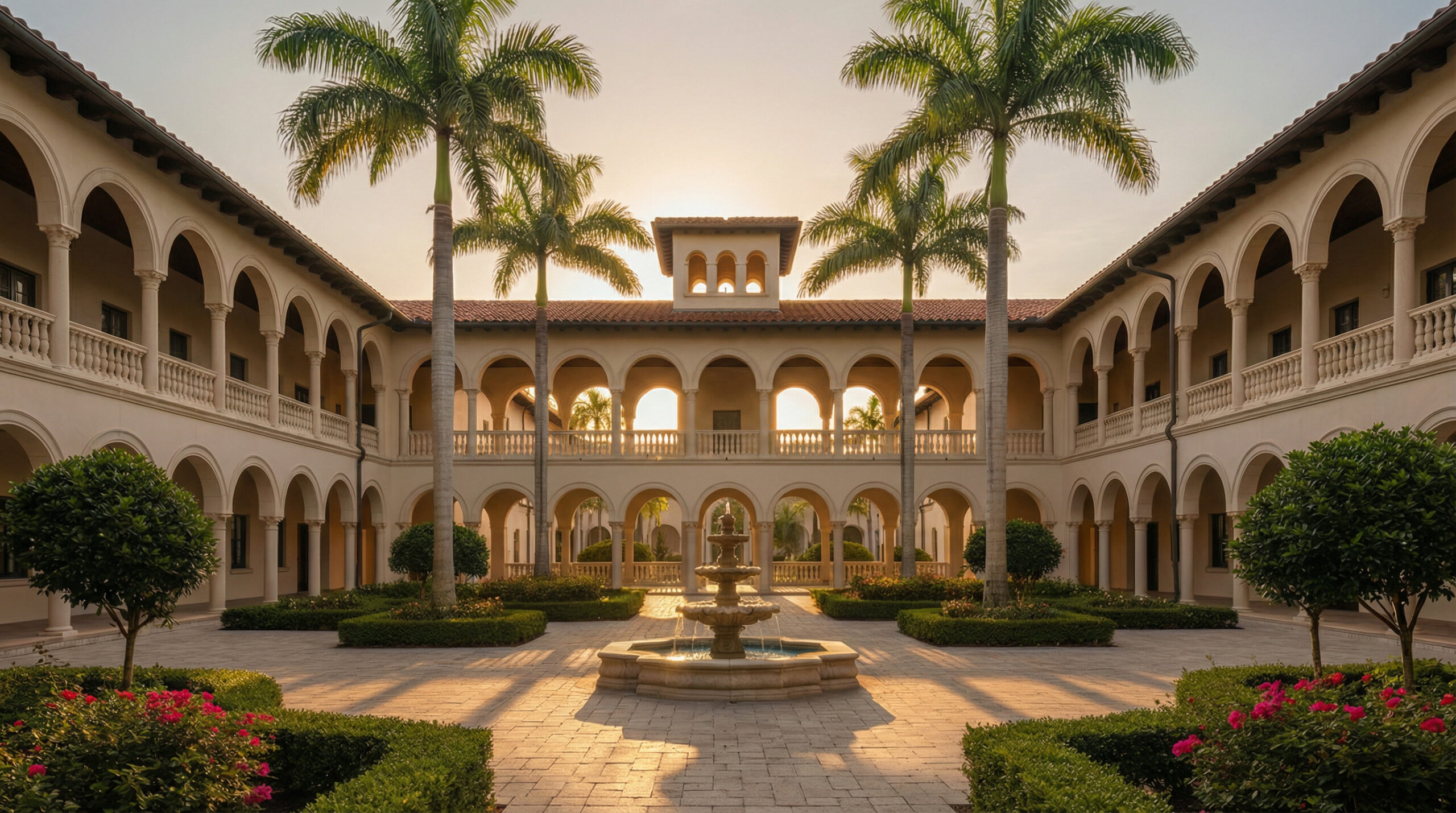 Courtyard of a Florida law school with palm trees, arches, and a central fountain at sunrise, representing Florida bar exam resources available by school.