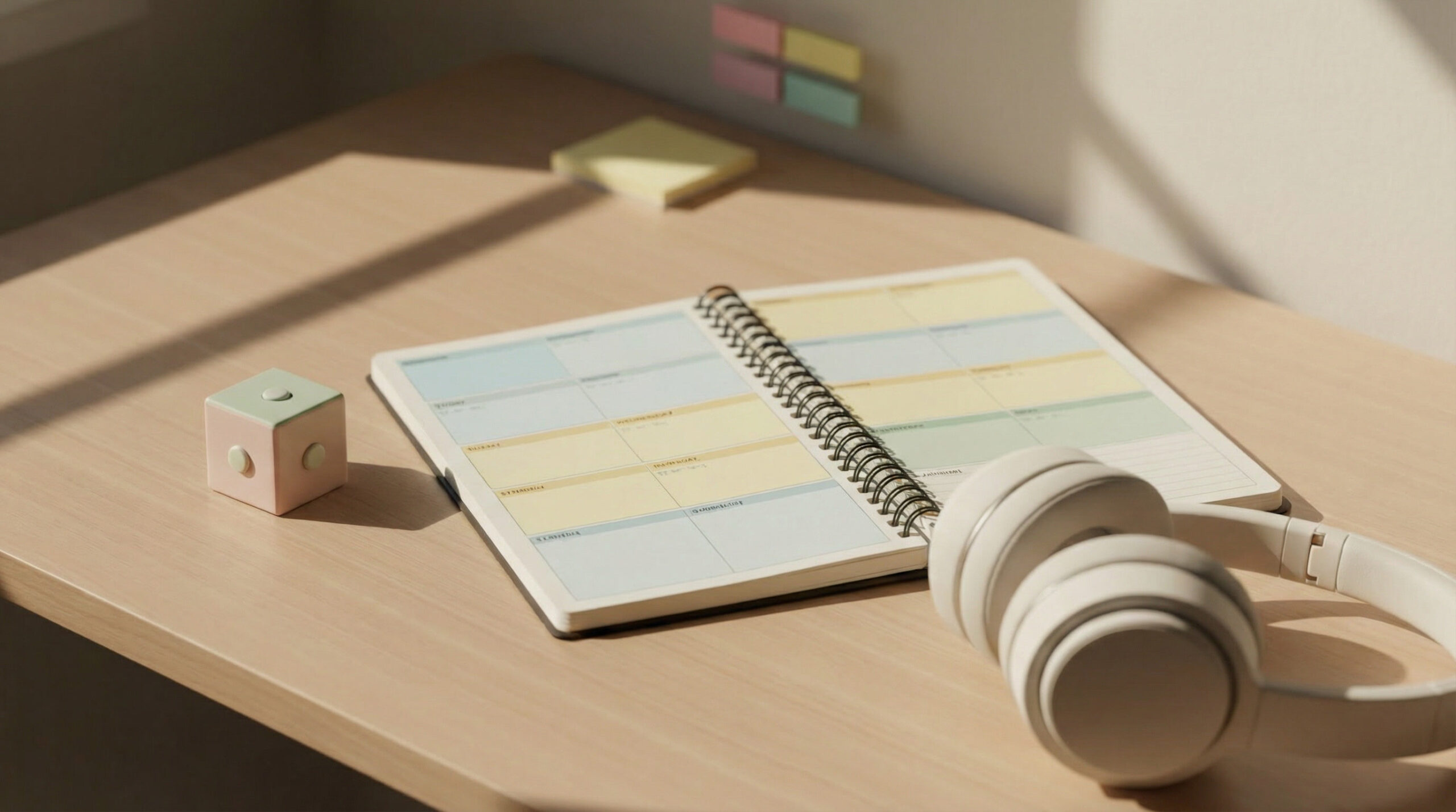 A soft-lit study desk with a pastel fidget cube, open planner, and over-ear headphones — tools symbolizing focused, ADHD-friendly bar exam study strategies.