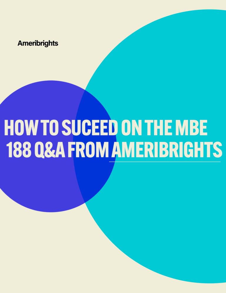 Colorful book cover for "How to Succeed on the MBE – 188 Q&As from Ameribrights," a free study guide featuring rule-based bar exam questions and answers across all MBE subjects.