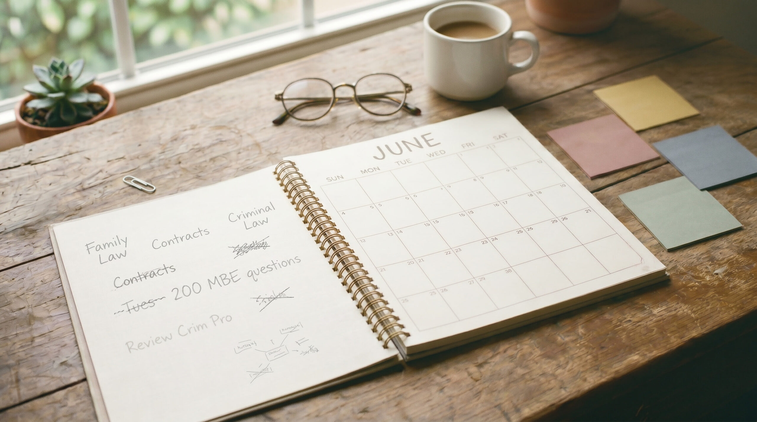 Florida Bar Exam self-study plan with blank June calendar and handwritten study schedule notes.