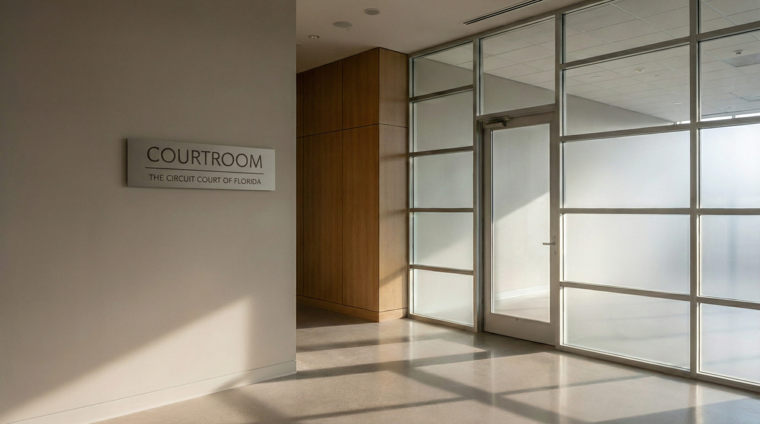 Sunlit hallway outside a Florida courtroom with a wall sign reading ‘Courtroom – The Circuit Court of Florida,’ photographed in warm natural light.