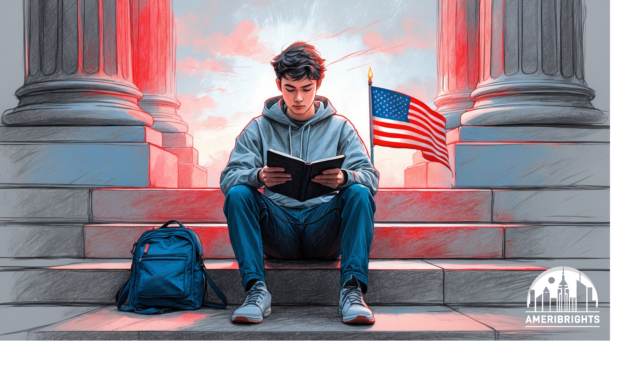 Law student studying for the Florida Bar Exam on courthouse steps with American flag in background. Dressed casually in a hoodie and jeans, the student reads a book with focused concentration. A backpack rests nearby. The scene reflects last-minute bar prep, legal education, and commitment to the legal profession. Ameribrights logo in corner.
