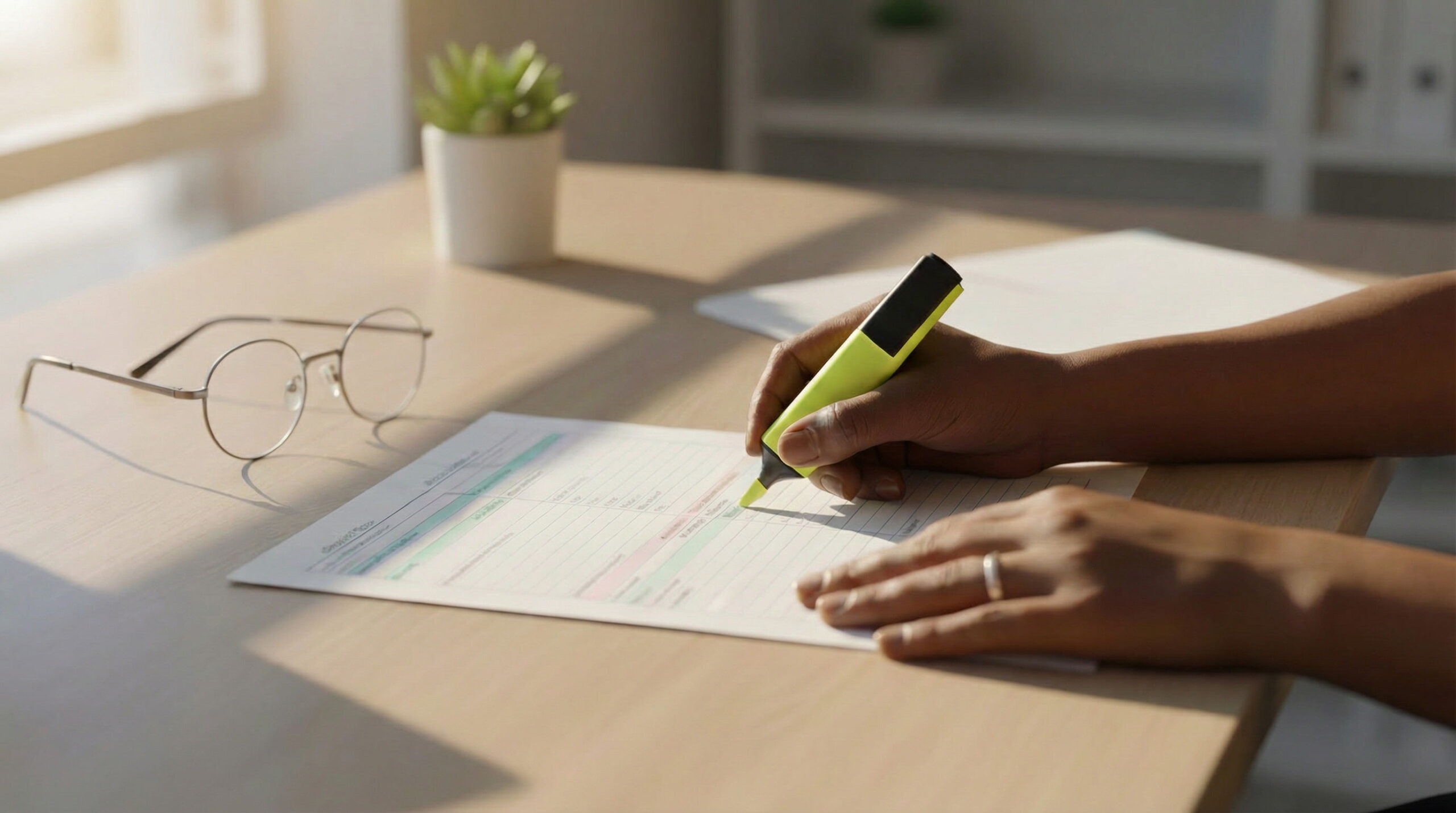 A person highlighting key points on a study schedule at a sunlit desk, with glasses and a small plant nearby.