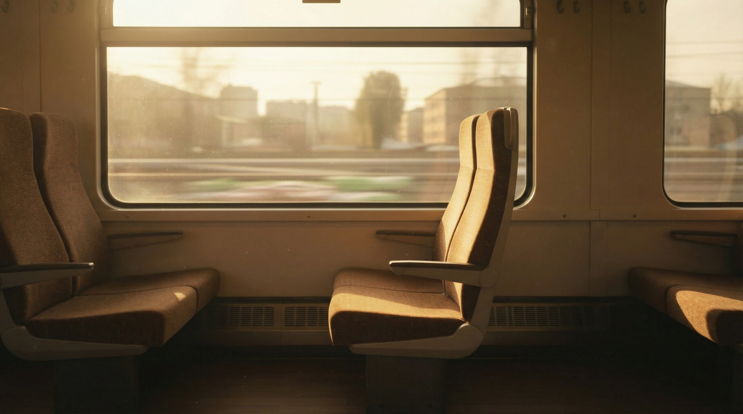 Empty train seats lit by warm morning sunlight with a blurred cityscape passing outside the window, capturing a quiet reflective moment during a commute.