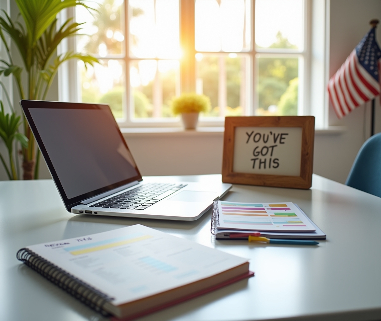 Laptop, notebooks, and a motivational “You’ve Got This” sign on a bright study desk with an American flag in the background, representing bar exam prep with Ameribrights.