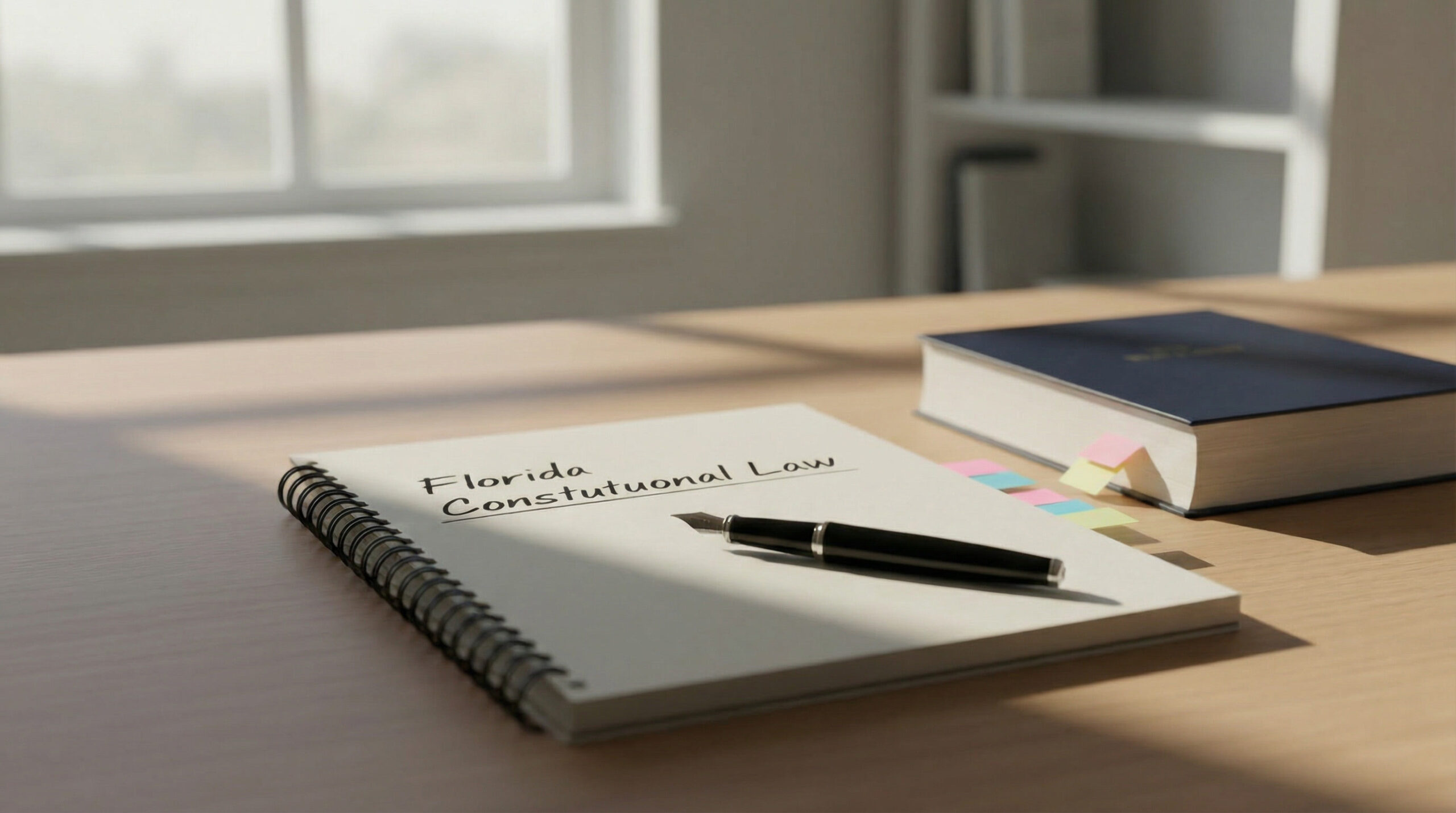 Open notebook labeled ‘Florida Constitutional Law’ on a sunlit study desk with a black fountain pen and a tabbed law book, representing focused study of Florida Con Law distinctions.
