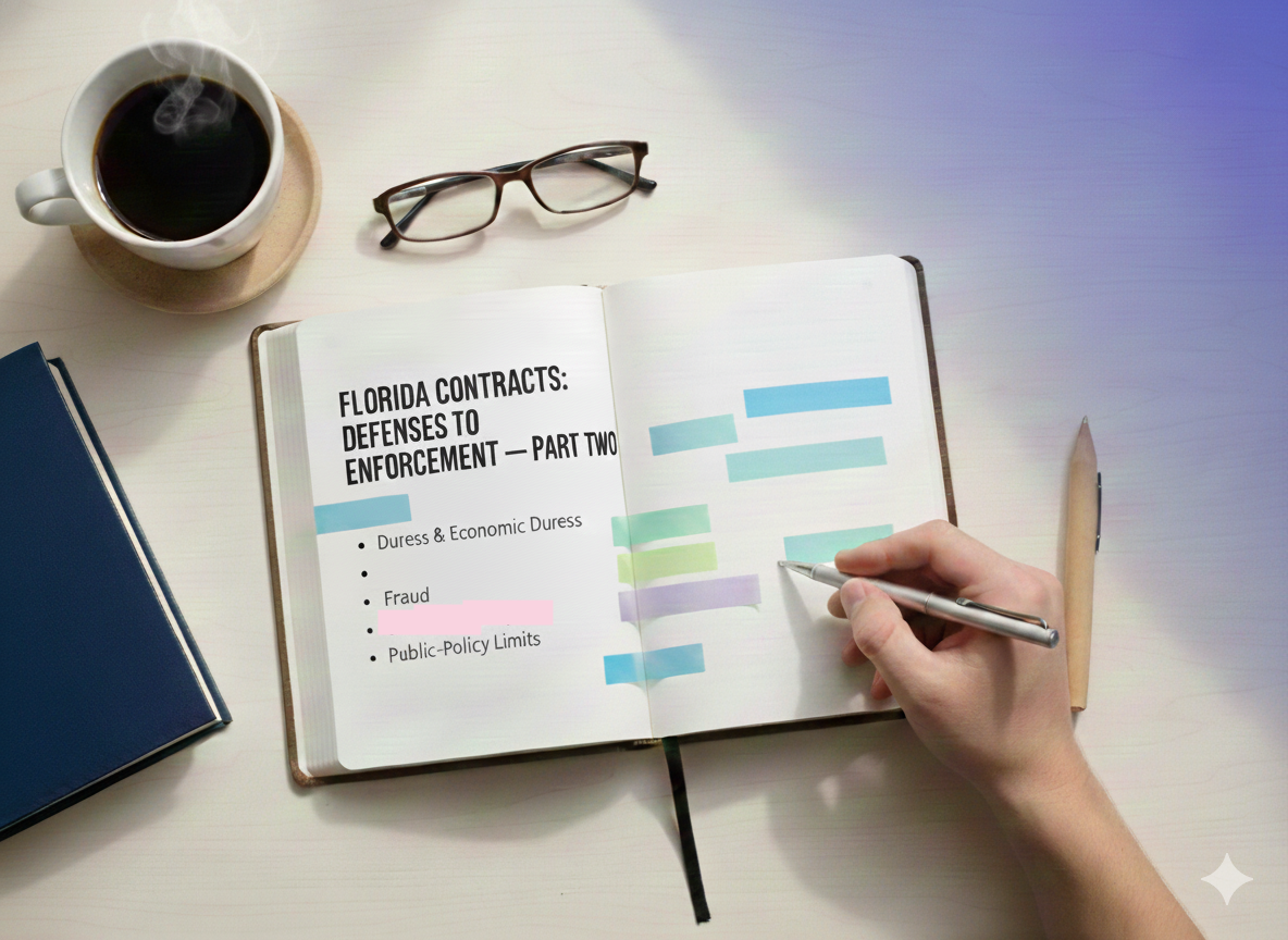 Flat lay of an open notebook on a desk beside a cup of coffee and eyeglasses. The notebook page is titled “Florida Contracts: Defenses to Enforcement — Part Two” with a bulleted list of topics including duress and economic duress, fraud, and public-policy limits, while a hand holding a pen highlights colored tabs, suggesting organized bar exam study notes.