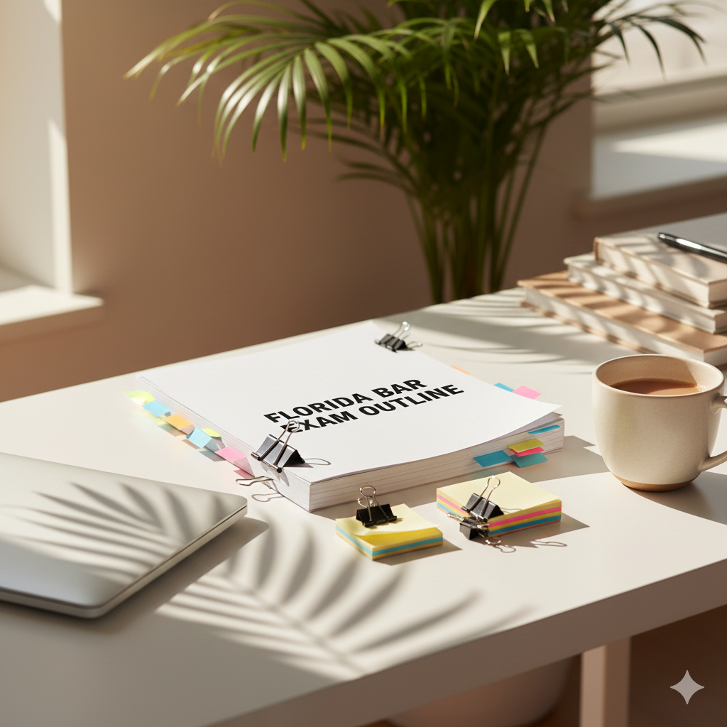 A clean, modern study desk with soft natural lighting, open notebook, coffee mug, and a laptop displaying bar exam study materials, representing a student regrouping after receiving Florida Bar Exam Part A results.