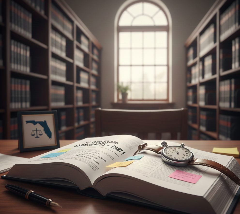 Open contracts textbook with sticky notes and a stopwatch on a law library desk, representing Florida Bar Exam Contracts Part One study themes.