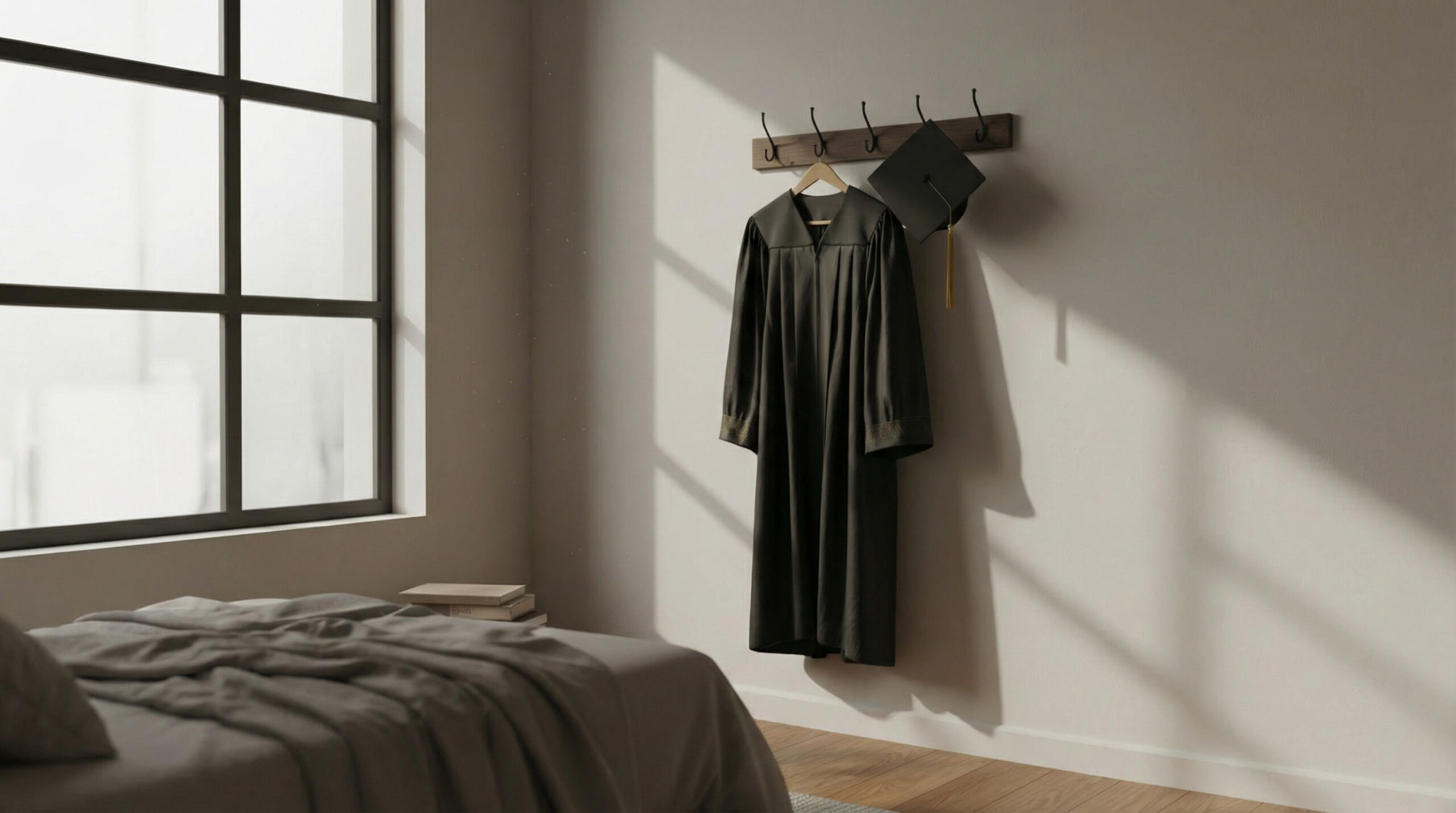 Black graduation cap and gown hanging on a wall hook in a quiet, sunlit bedroom with study books nearby, symbolizing reflection after failing the Florida Bar Exam. Featured image for “Florida Bar Exam Fail: What No One Tells You.”