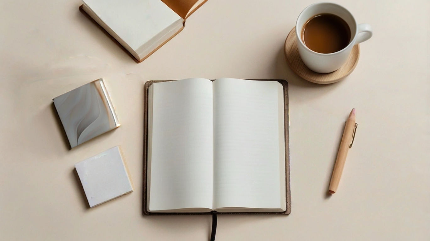 Minimalist study desk with an open notebook, coffee, and study supplies arranged neatly—ideal for Florida Bar Exam and MBE preparation.