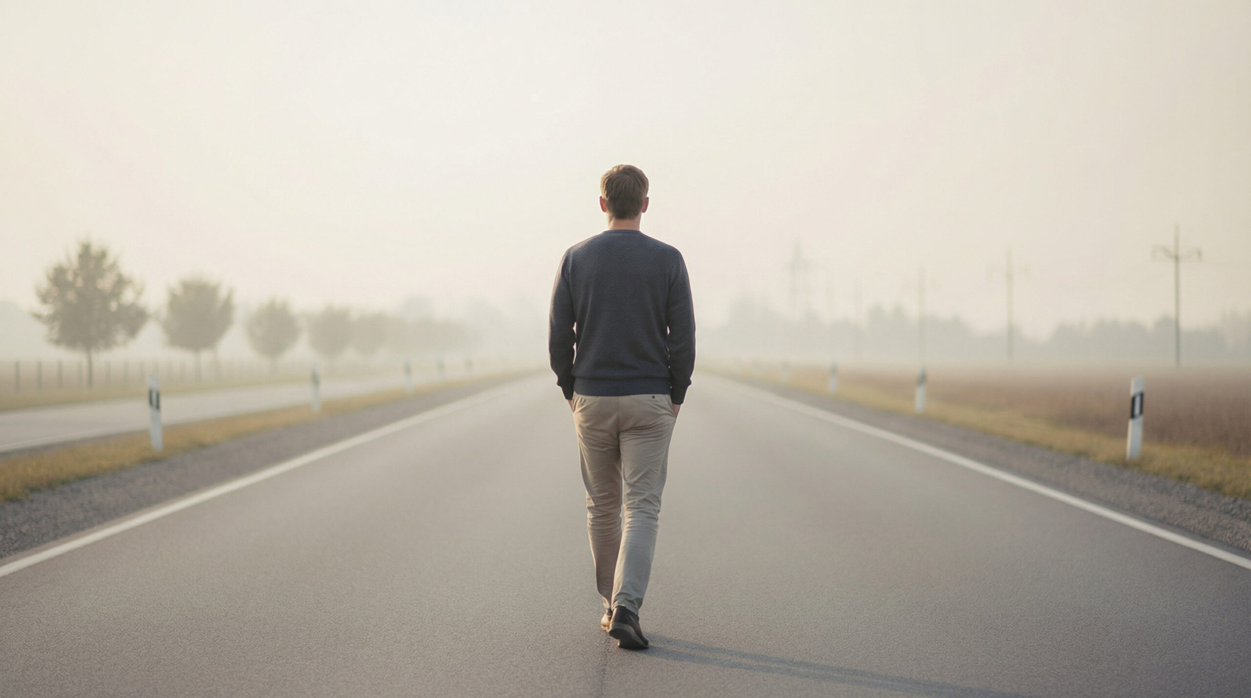 Person walking alone on a foggy open road at sunrise, symbolizing a fresh start and the path forward after failing the Florida Bar Exam.