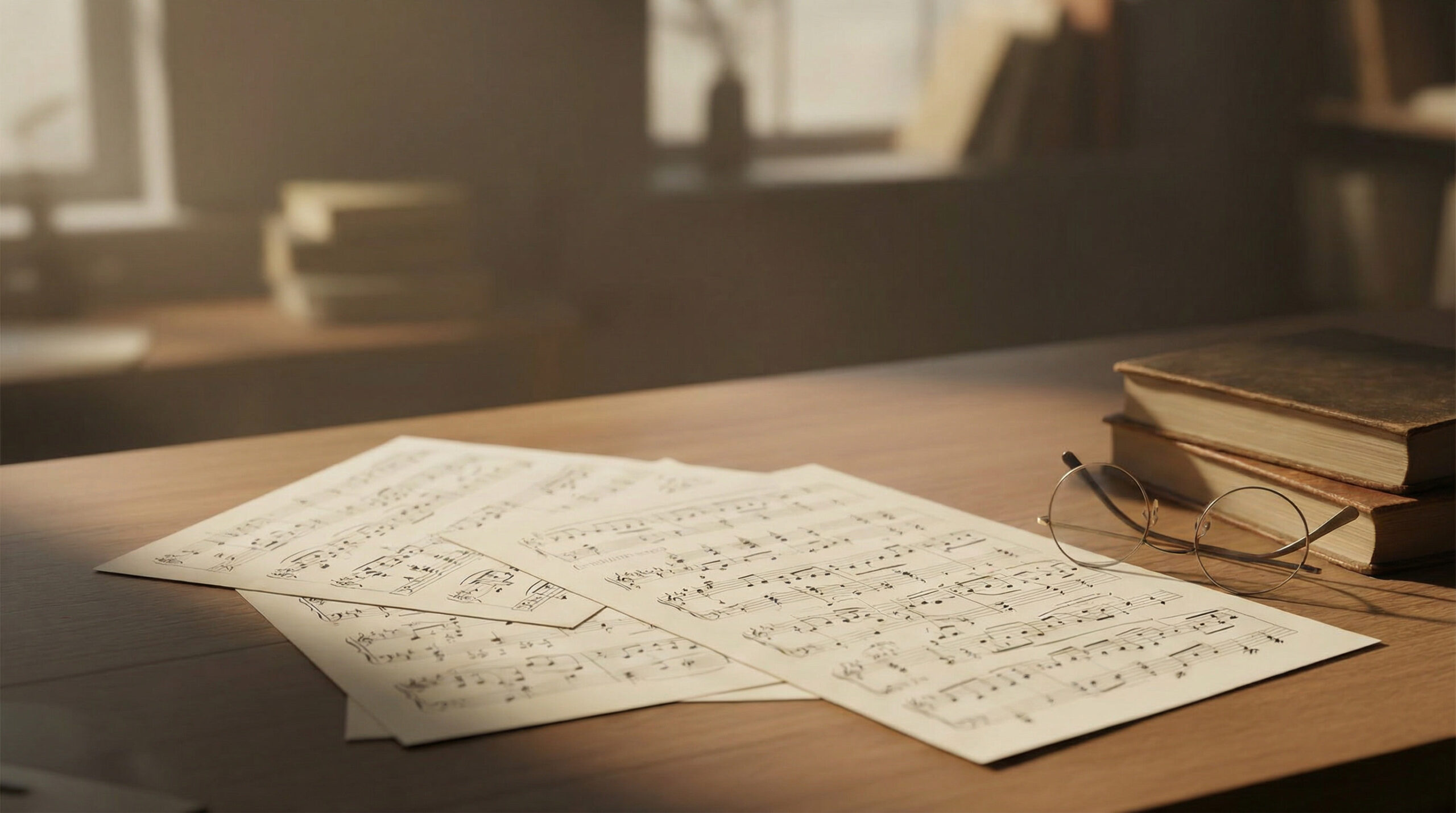 Sheet music, books, and glasses on a wooden desk in soft morning light, symbolizing how the Florida Bar Exam scoring system blends multiple components into one structure.