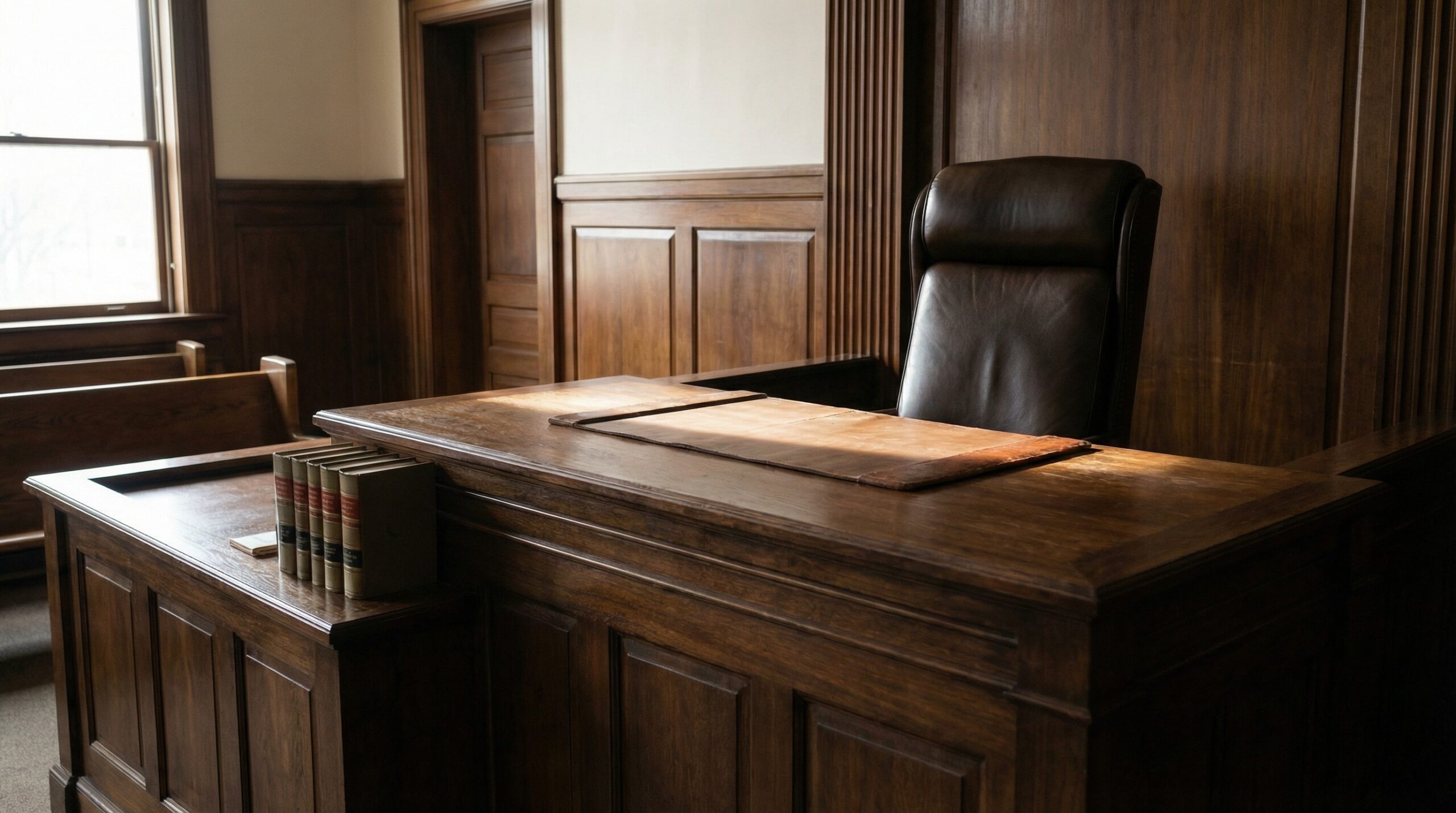 Empty courtroom judge’s bench in natural light, representing evidentiary gatekeeping and admissibility decisions under Florida Evidence law