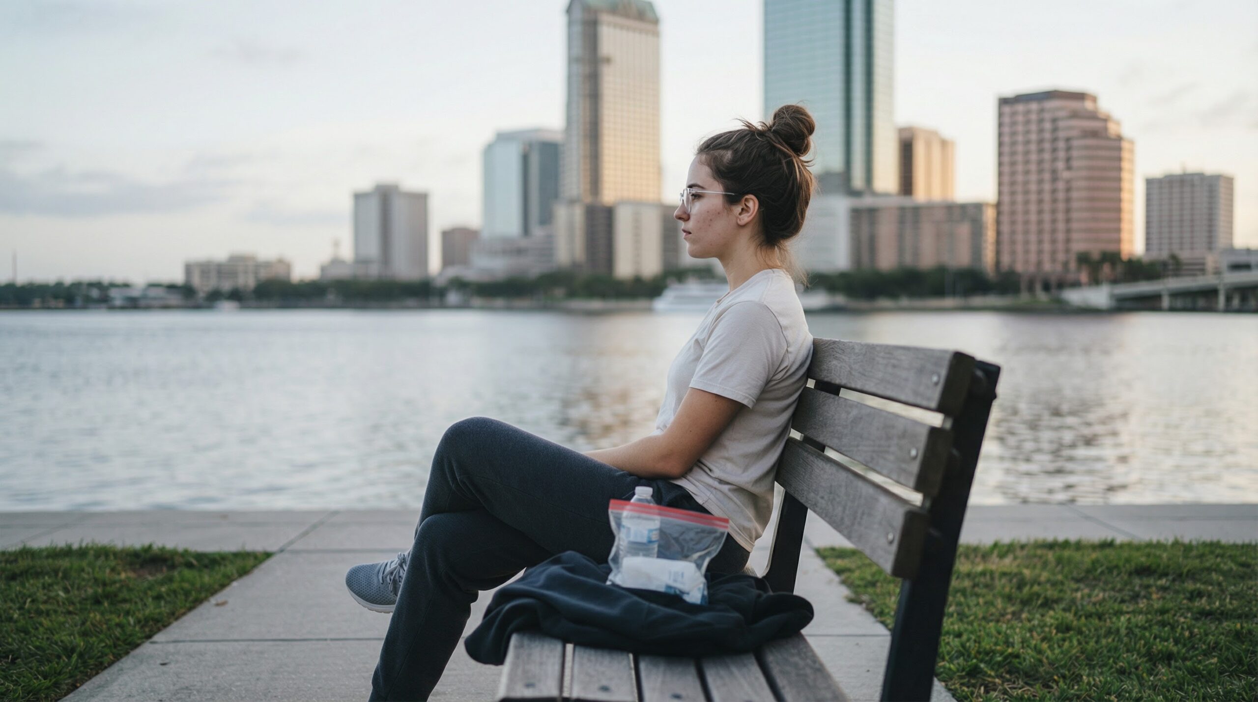 Young woman sitting on a bench along the Tampa Riverwalk before the Florida Bar Exam with clear ziplock bag and water bottle beside her.