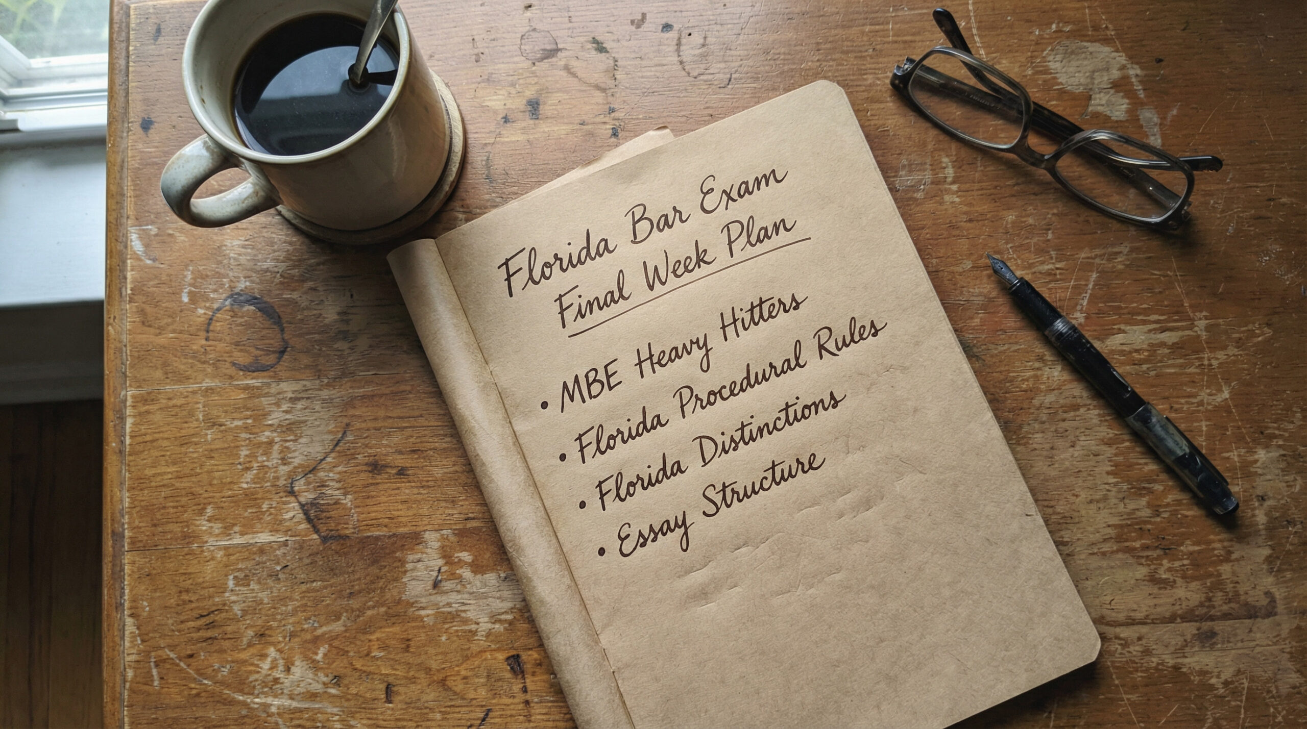 Flat lay of notebook titled “Florida Bar Exam Final Week Plan” with MBE heavy hitters, Florida procedural rules, distinctions, and essay structure written on the page.