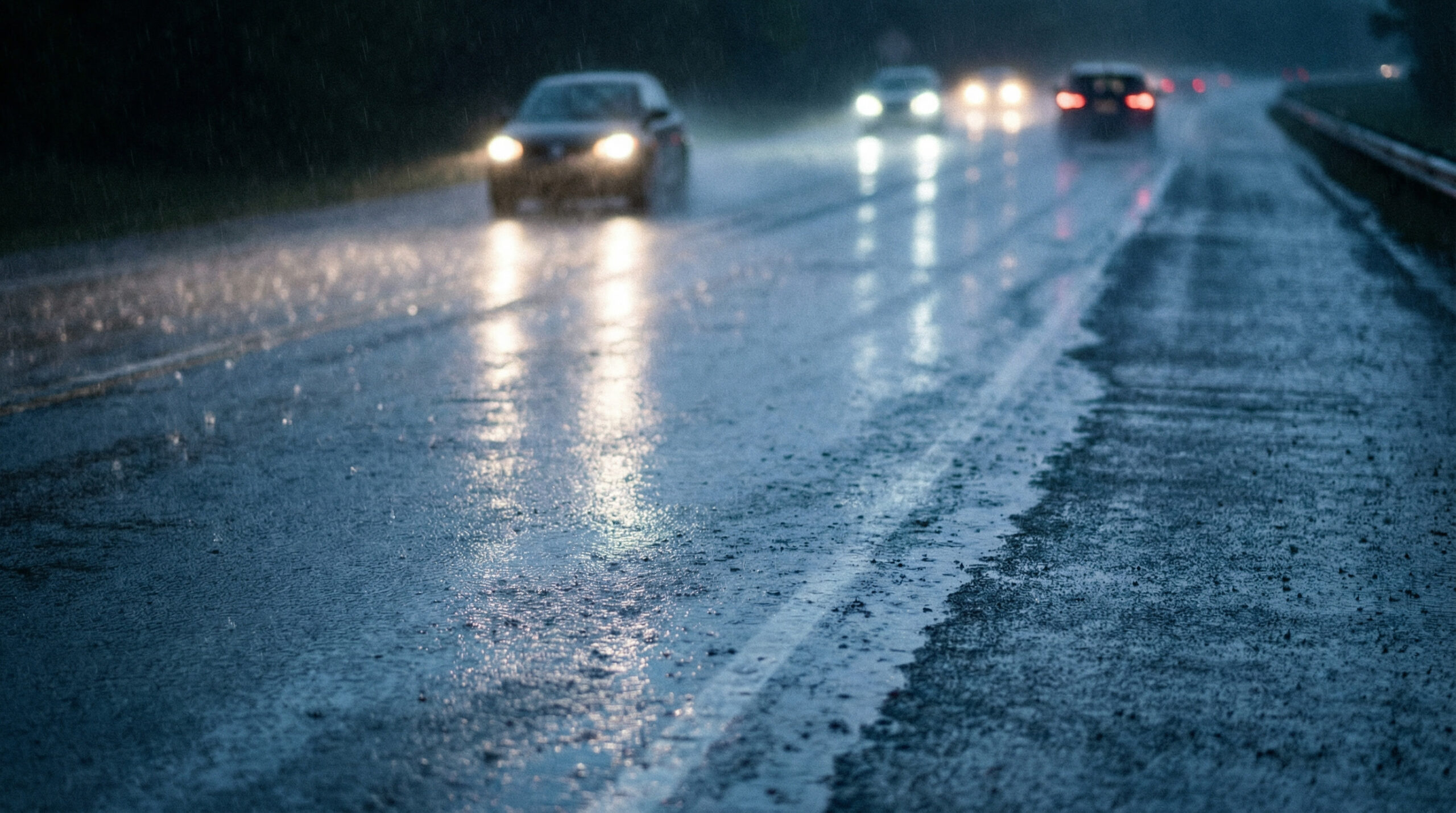 Rainy highway at dusk with headlights reflecting on wet pavement, representing high-impact negligence and wrongful death issues in Florida tort law.