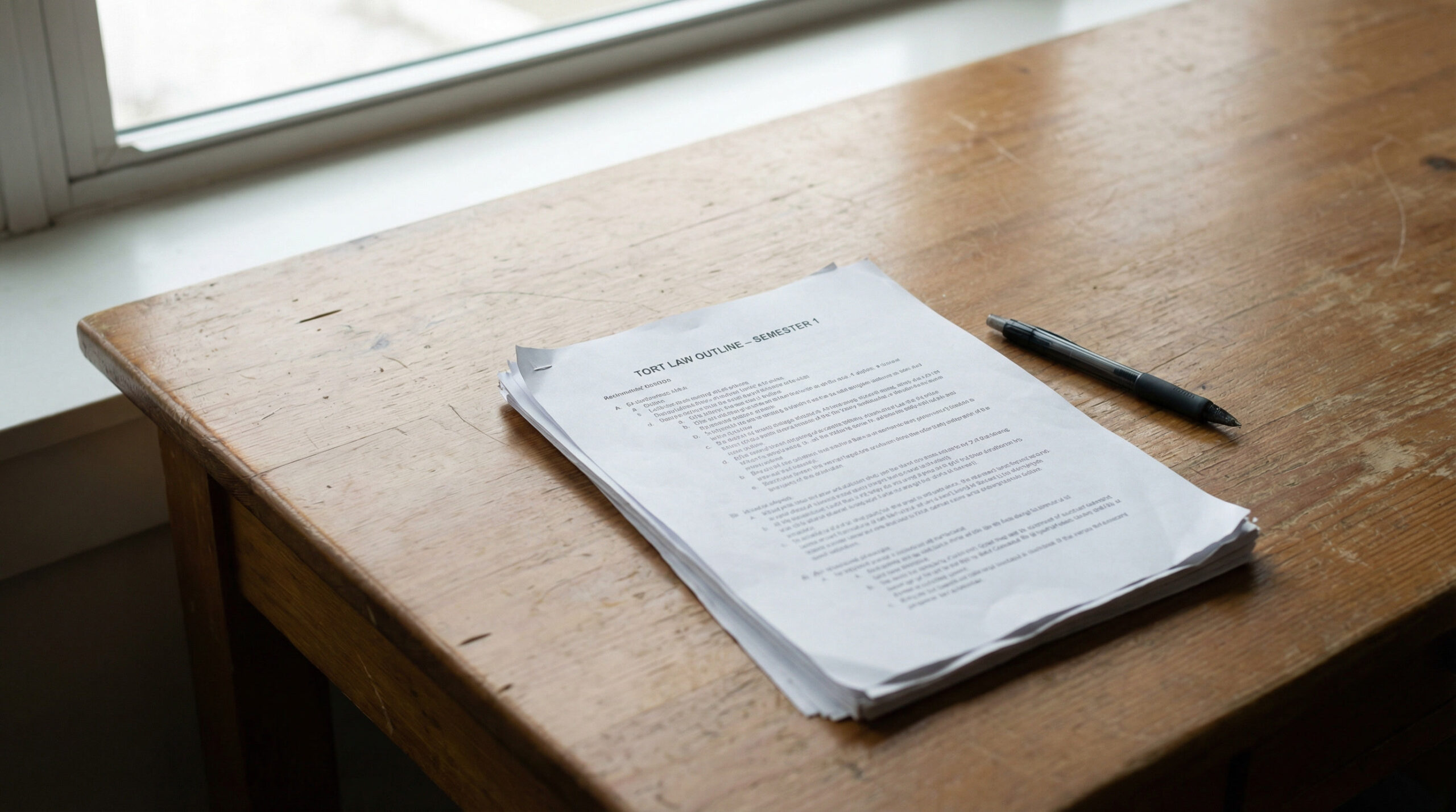Printed Florida Bar Exam torts outline on wooden desk in natural light, covering emotional distress, products liability, and defamation.