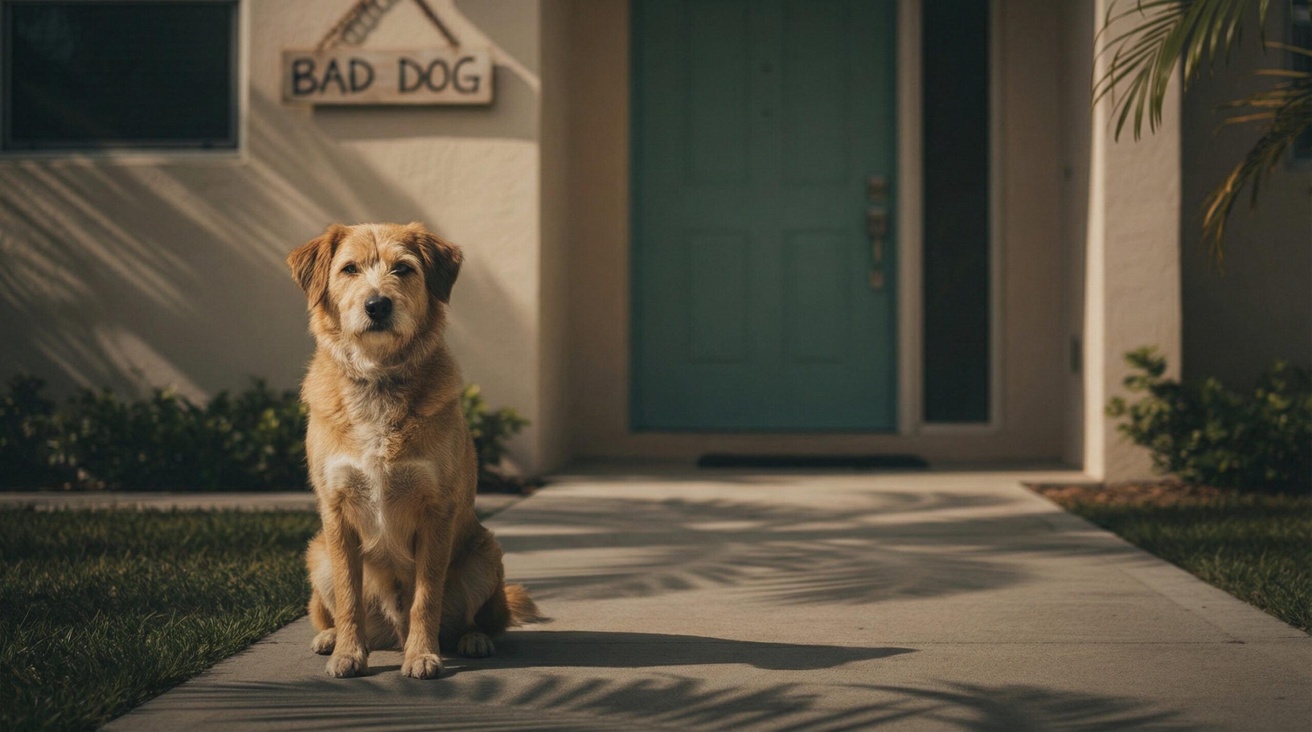 Dog sitting calmly on a walkway outside a Florida home with a “Bad Dog” sign, illustrating premises liability and dog bite issues in Florida tort law.