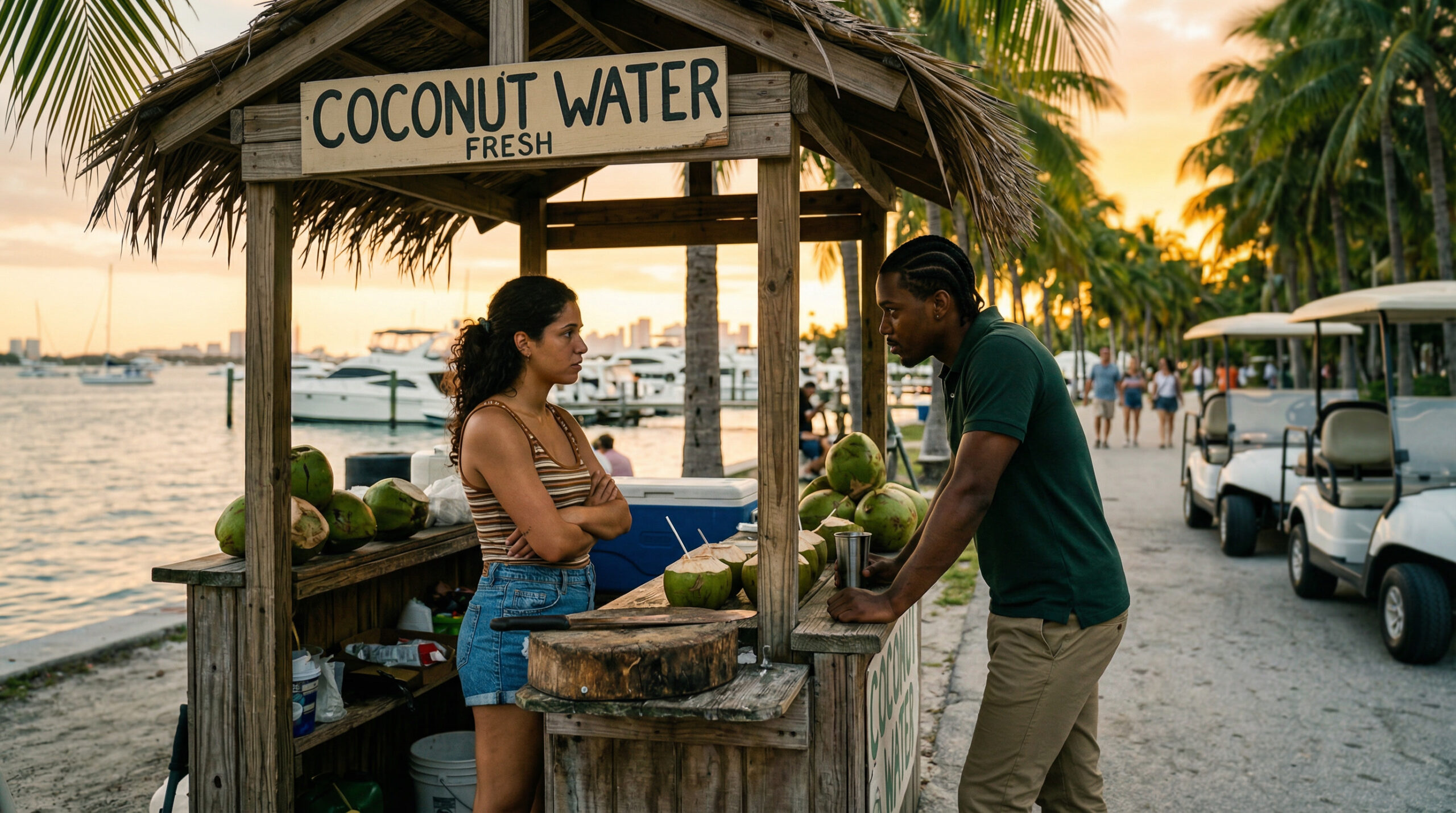 Two business partners discussing a coconut stand on the beach, illustrating Florida LLC concepts for the bar exam